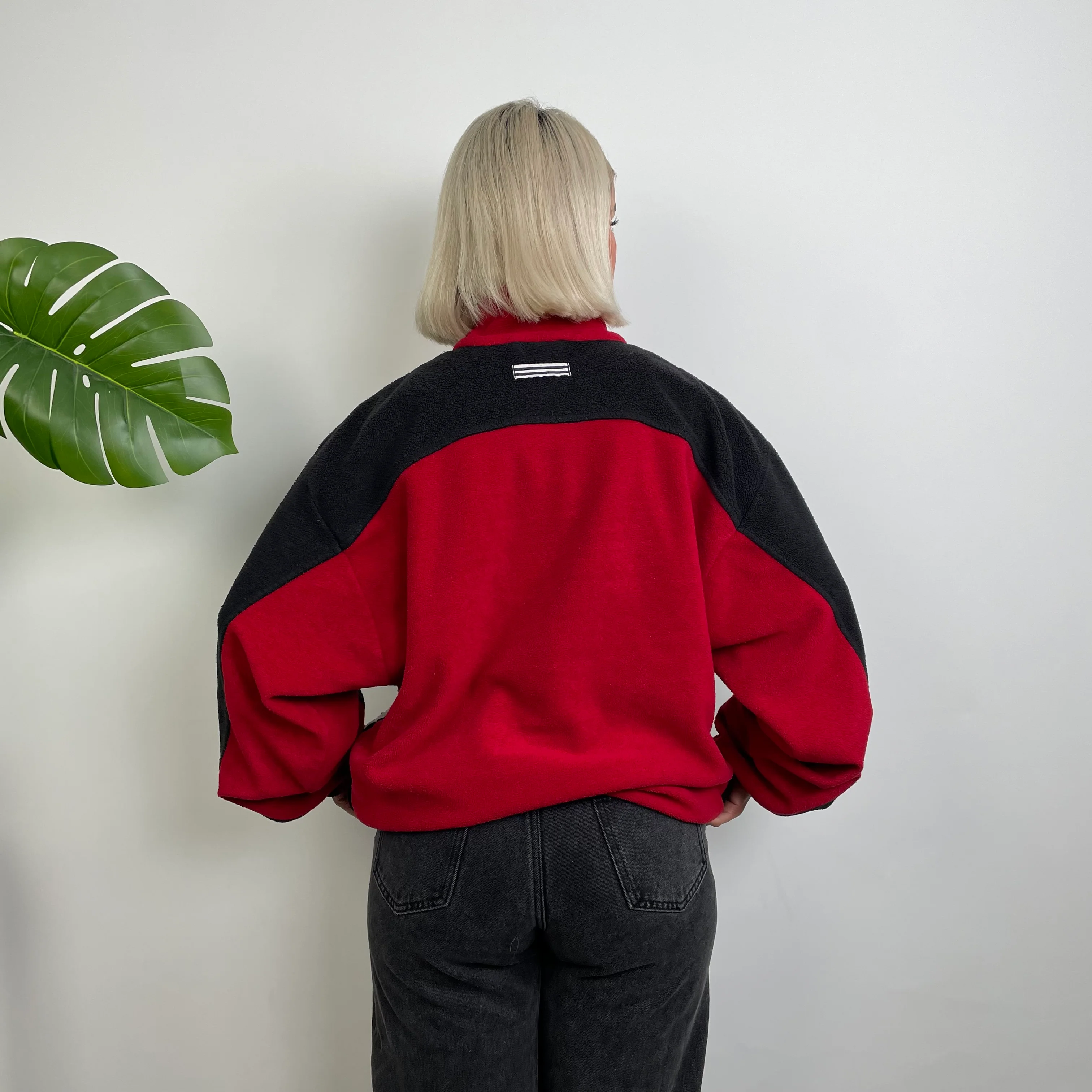 Adidas Red Colour Block Embroidered Spell Out Teddy Bear Fleece Quarter Zip Sweatshirt (L) - Image 6