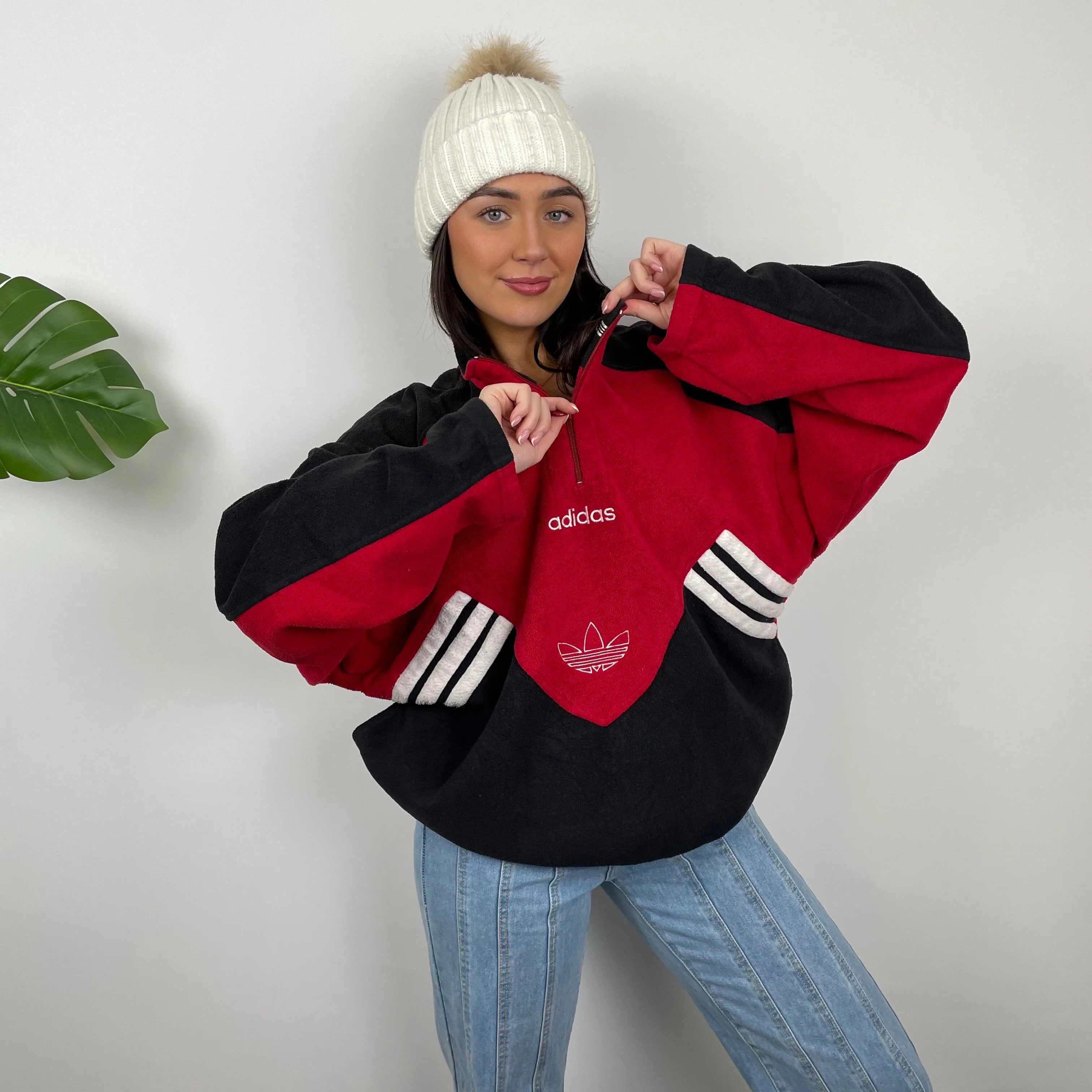 Adidas Red Colour Block Embroidered Spell Out Teddy Bear Fleece Quarter Zip Sweatshirt (XL) - Image 3