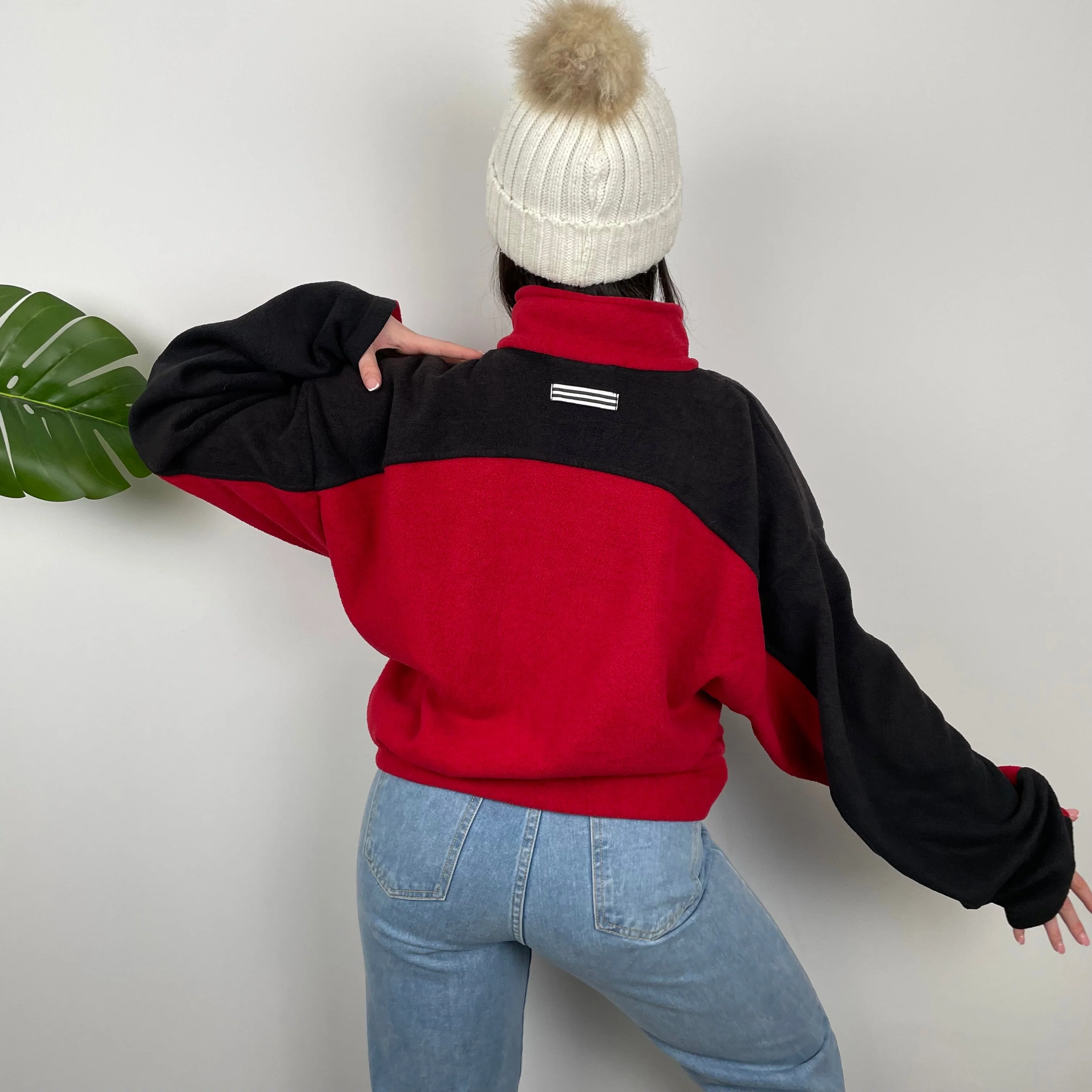 Adidas Red Colour Block Embroidered Spell Out Teddy Bear Fleece Quarter Zip Sweatshirt (XL) - Image 6