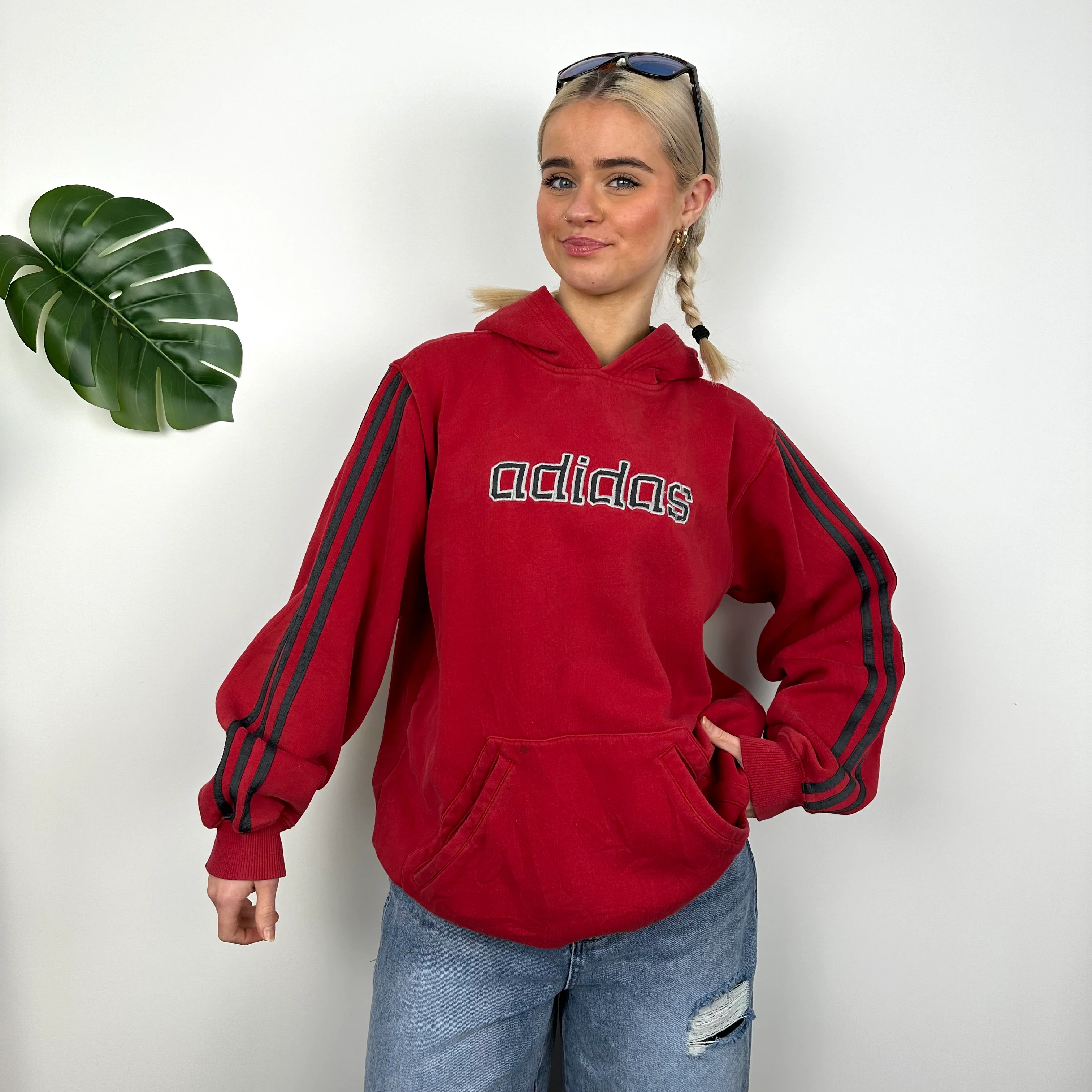 Adidas Red Embroidered Spell Out Hoodie (M)