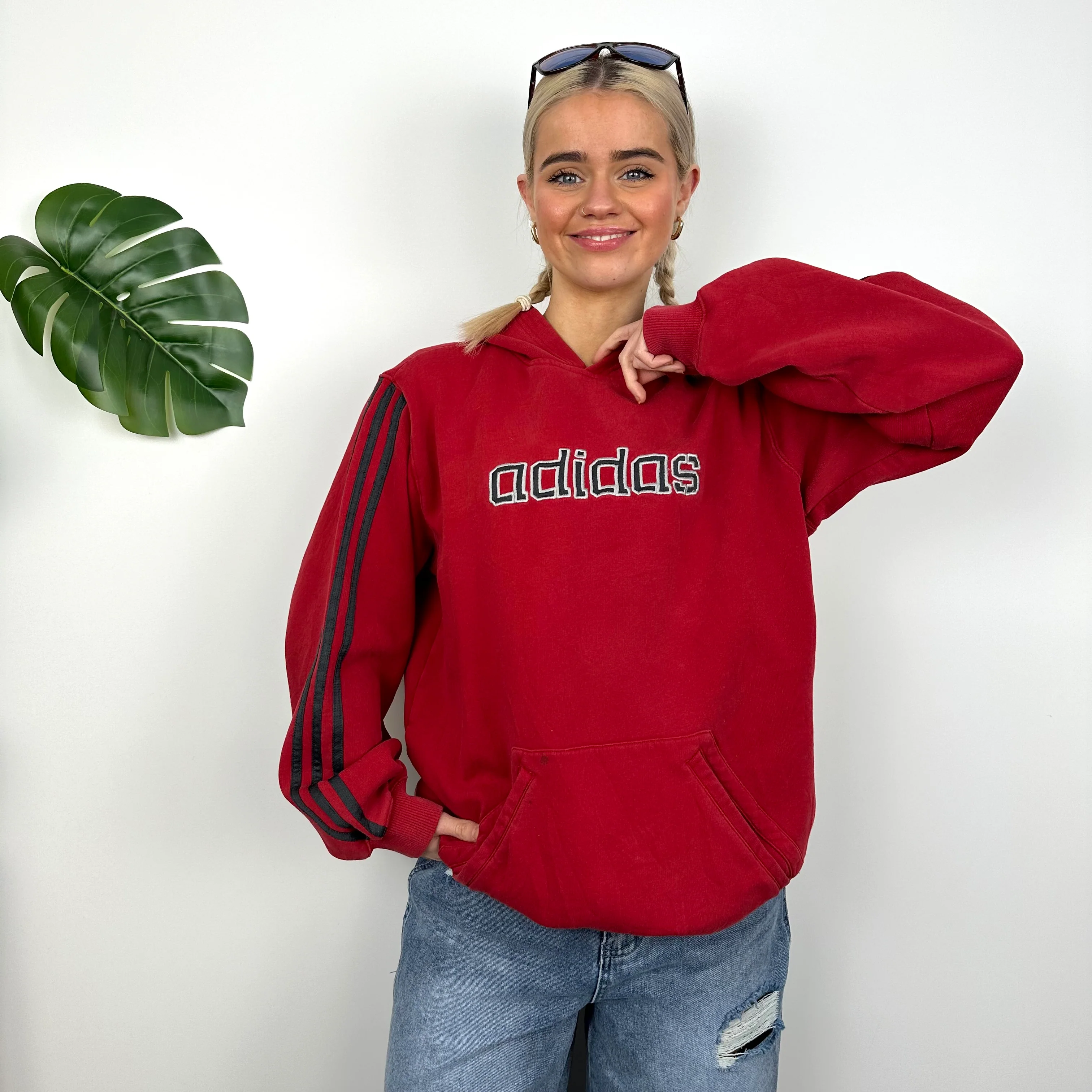 Adidas Red Embroidered Spell Out Hoodie (M) - Image 2