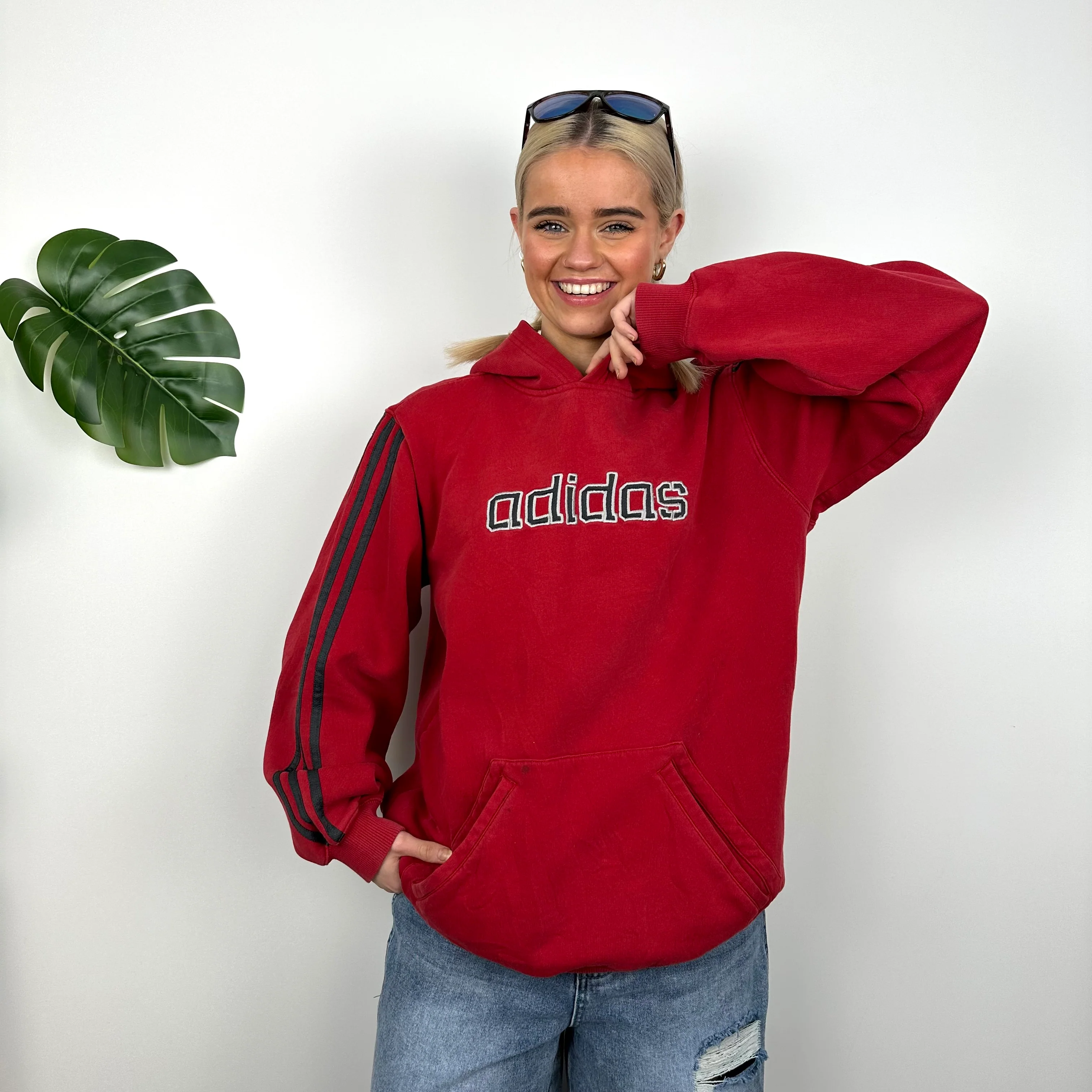 Adidas Red Embroidered Spell Out Hoodie (M) - Image 4