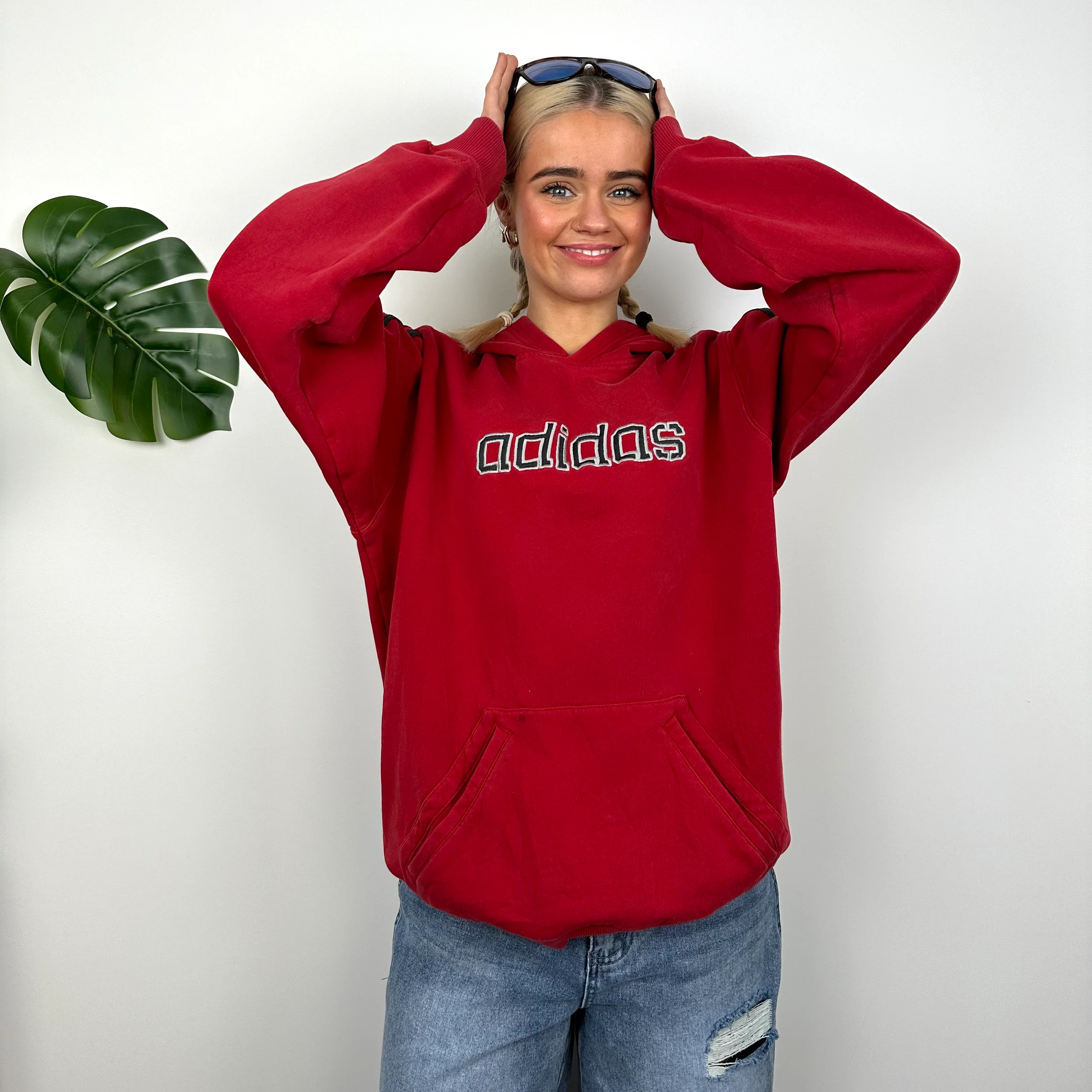 Adidas Red Embroidered Spell Out Hoodie (M) - Image 5