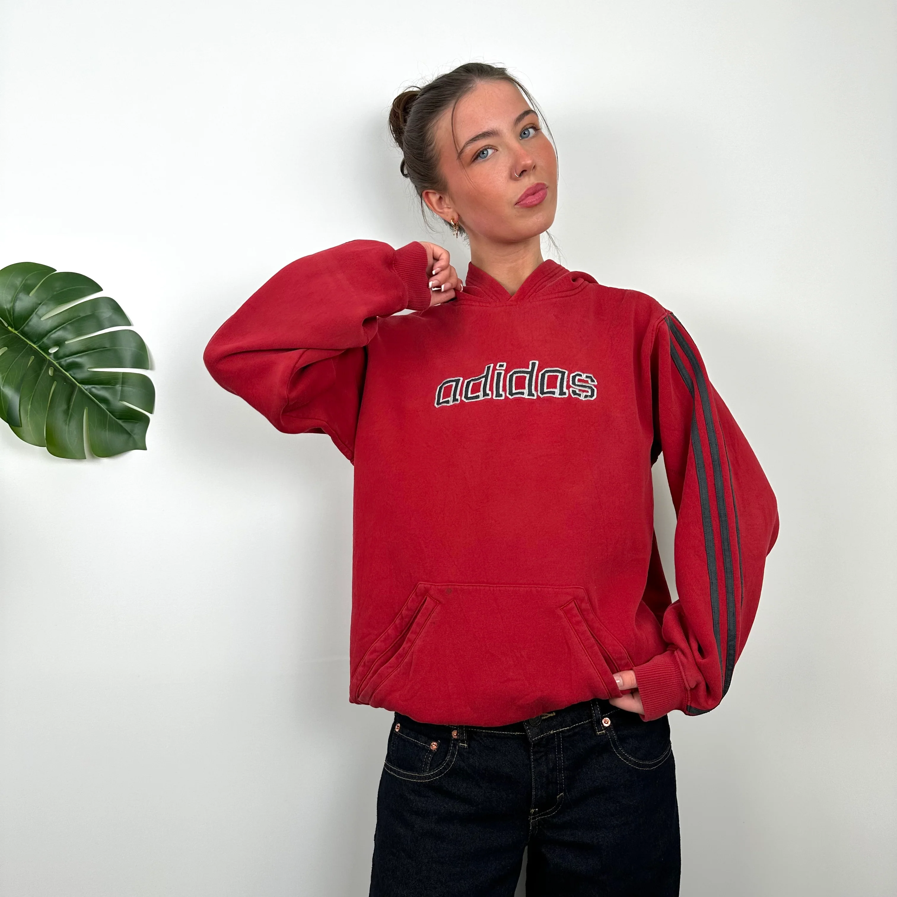 Adidas Red Embroidered Spell Out Hoodie (M) - Image 2