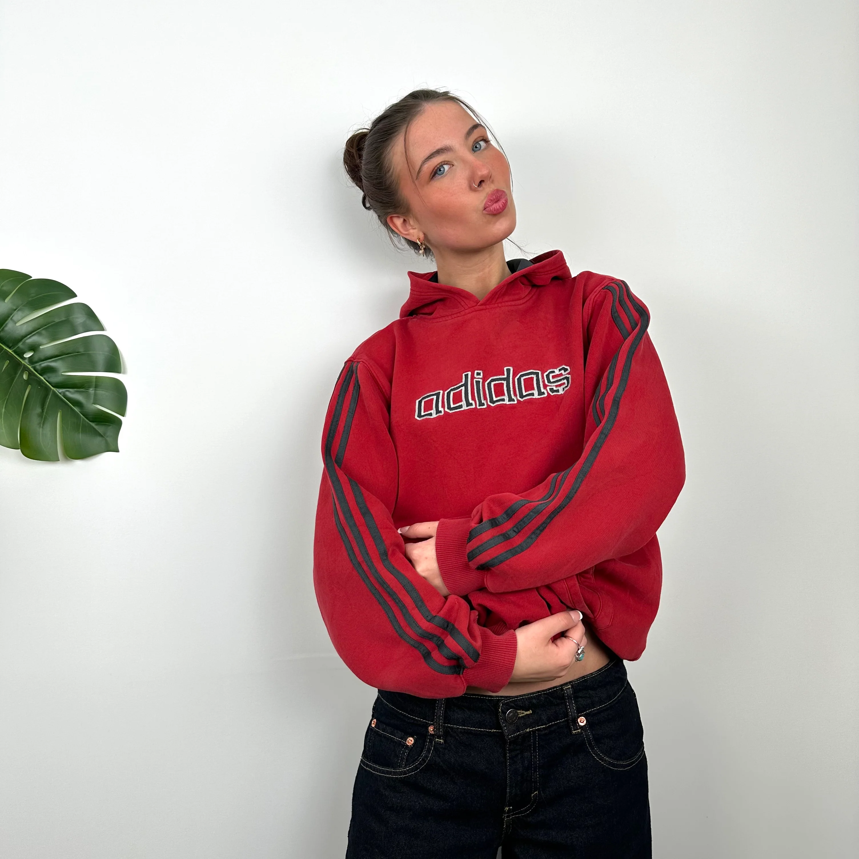 Adidas Red Embroidered Spell Out Hoodie (M) - Image 3