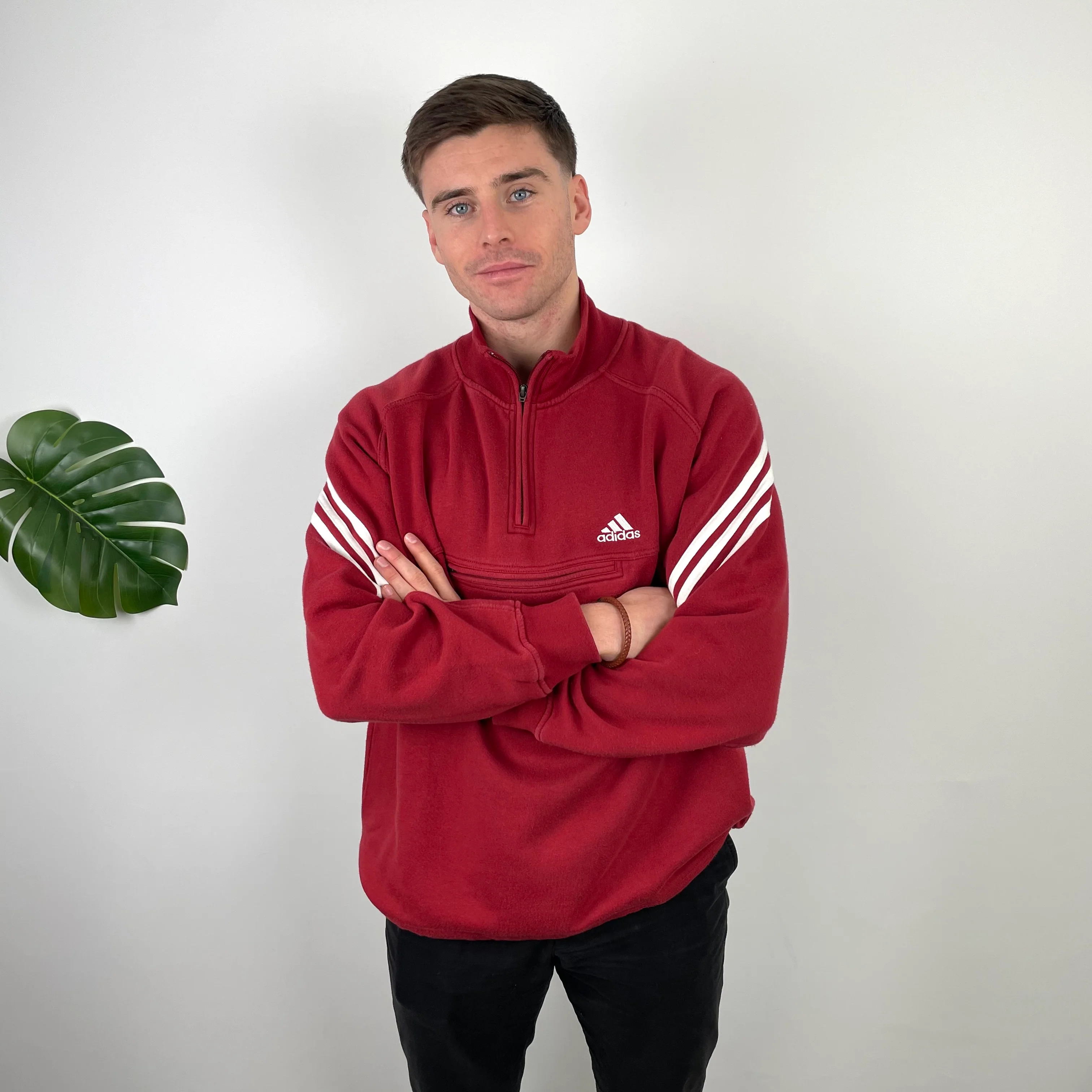 Adidas Red Embroidered Spell Out Quarter Zip Sweatshirt (L) - Image 3