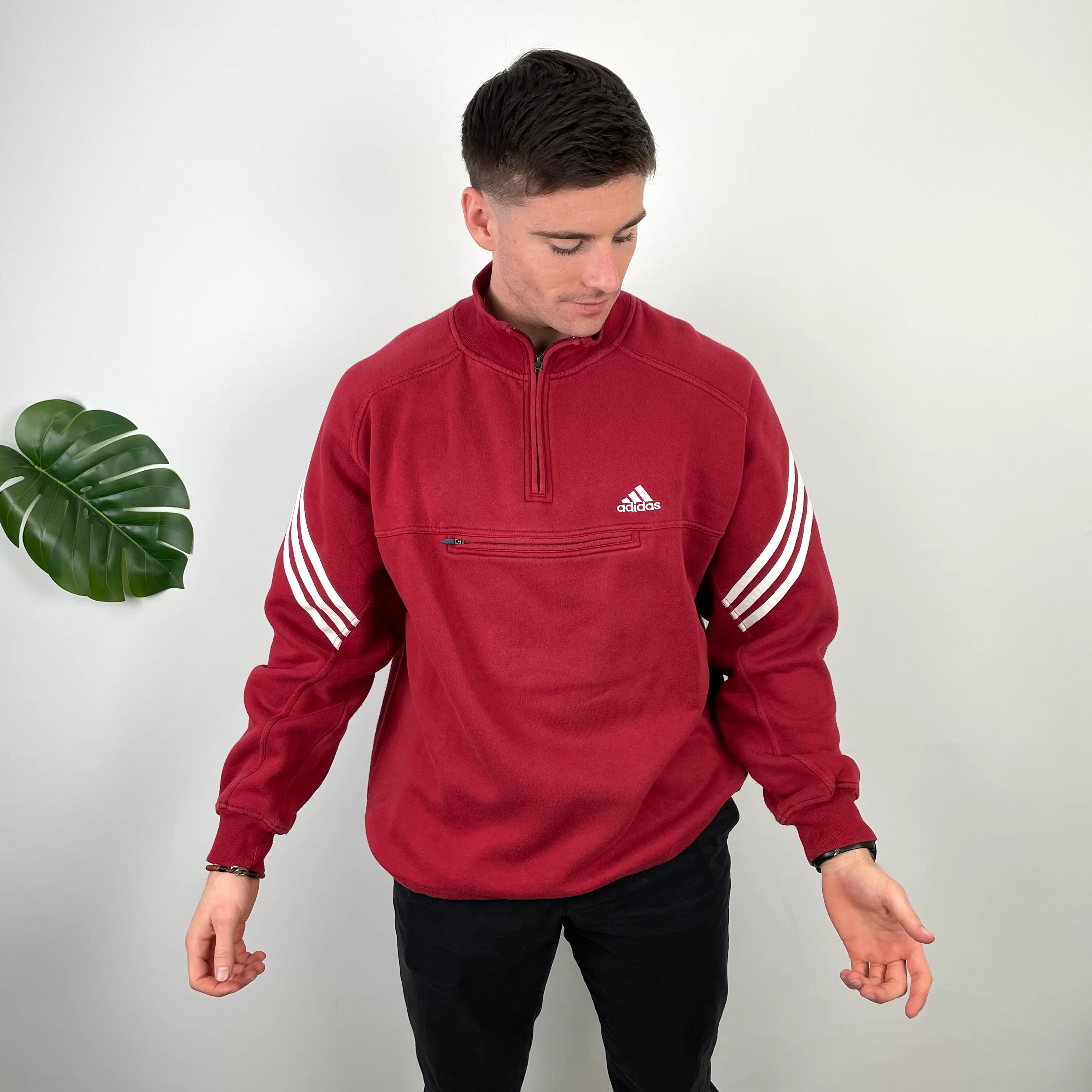 Adidas Red Embroidered Spell Out Quarter Zip Sweatshirt (L) - Image 4
