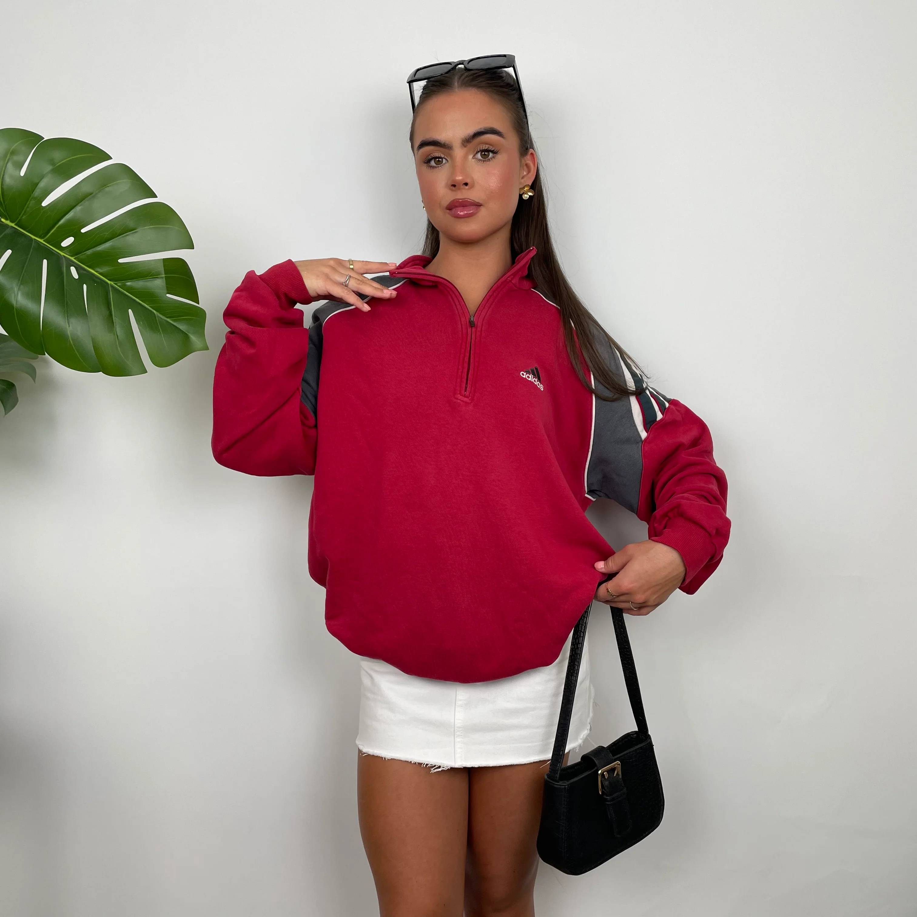 Adidas Red Embroidered Spell Out Quarter Zip Sweatshirt (L) - Image 10
