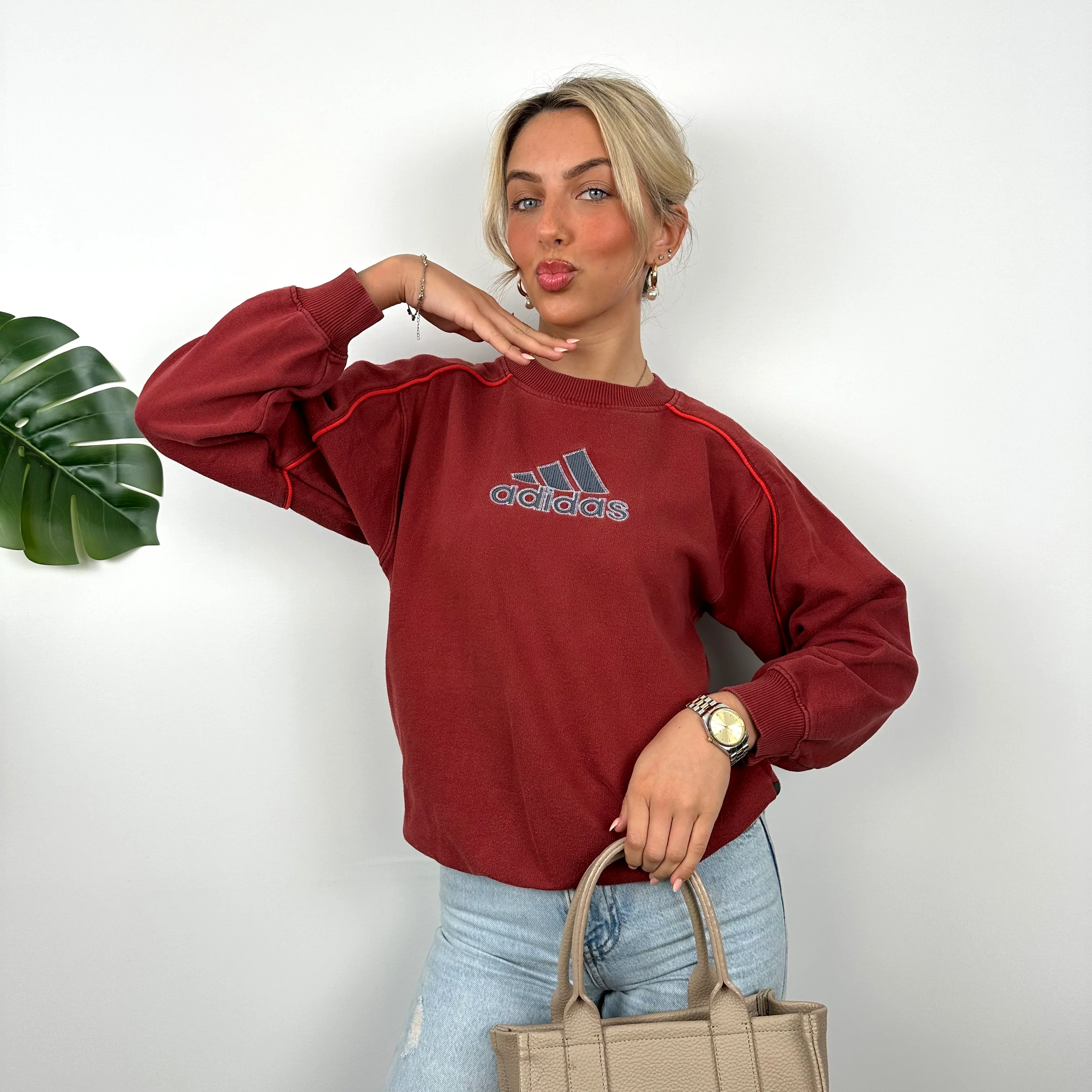 Adidas Red Embroidered Spell Out Sweatshirt (S) - Image 4