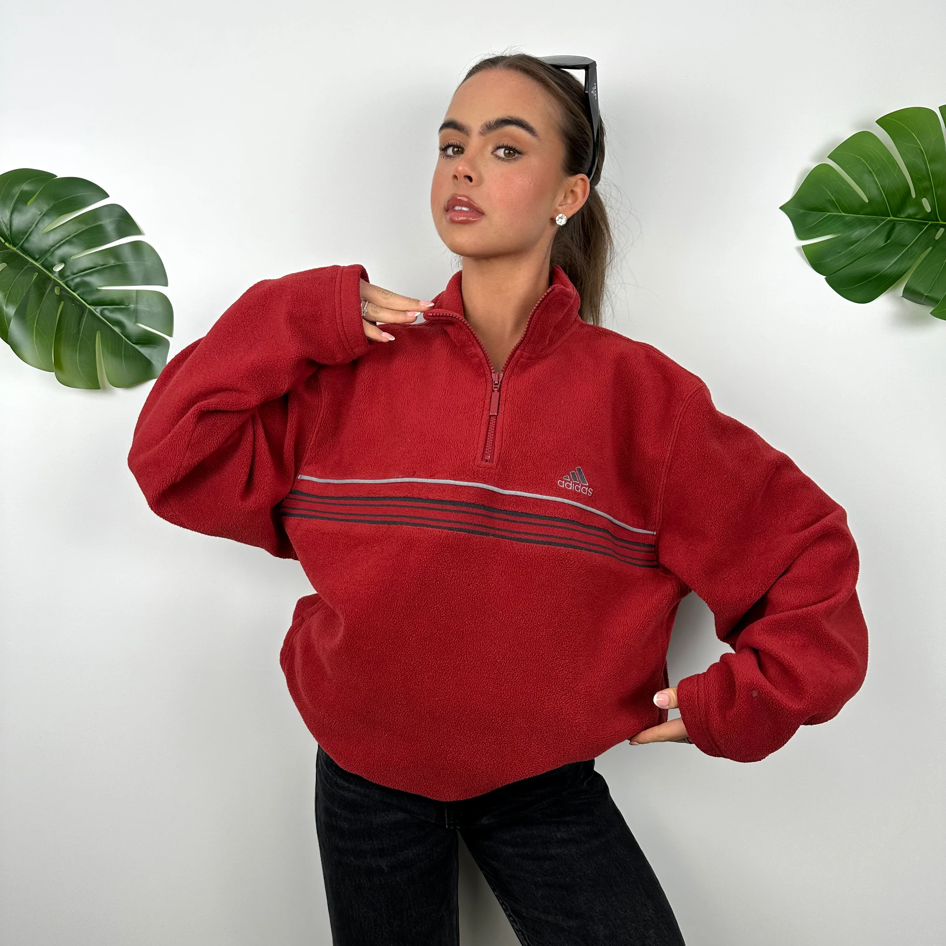 Adidas Red Embroidered Spell Out Teddy Bear Fleece Quarter Zip Sweatshirt (L) - Image 2