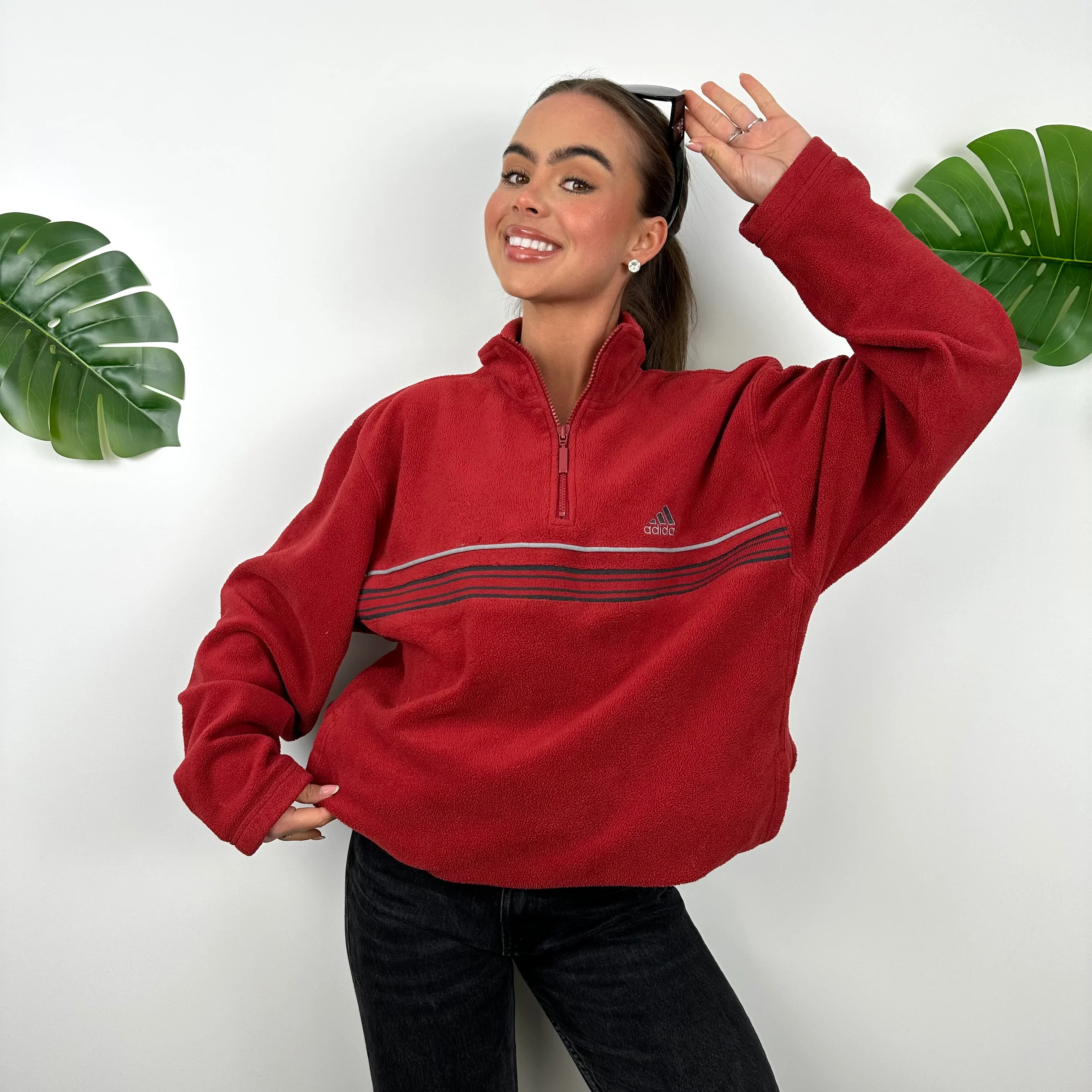 Adidas Red Embroidered Spell Out Teddy Bear Fleece Quarter Zip Sweatshirt (L) - Image 3