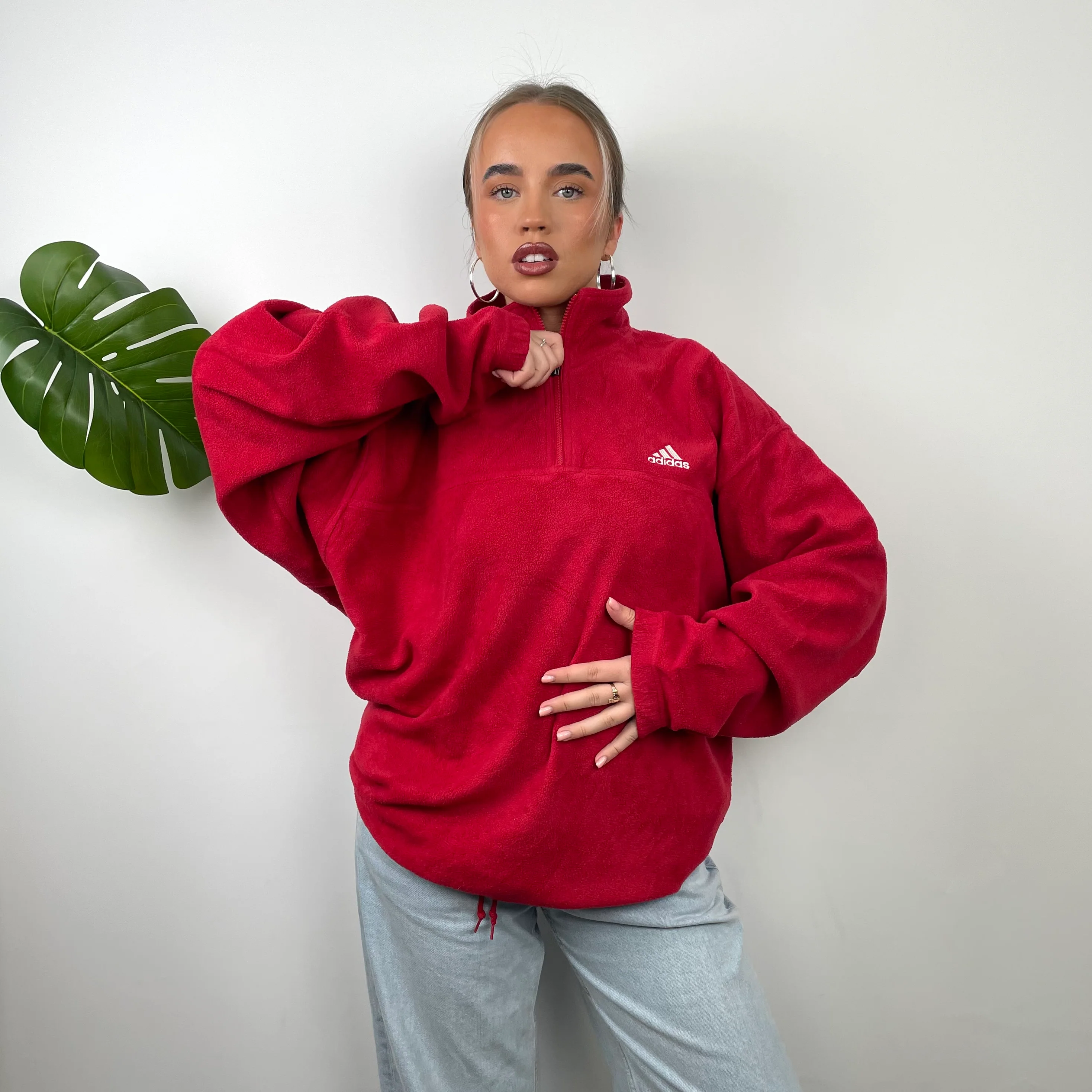 Adidas Red Embroidered Spell Out Teddy Bear Fleece Quarter Zip Sweatshirt (XL)