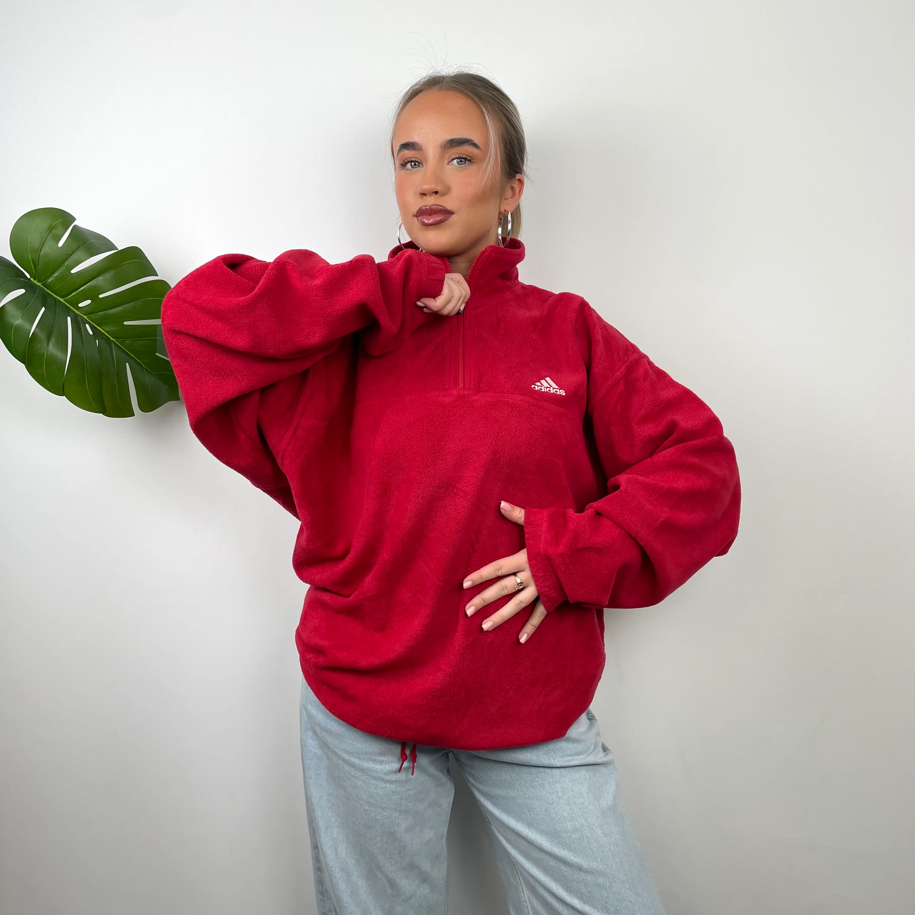 Adidas Red Embroidered Spell Out Teddy Bear Fleece Quarter Zip Sweatshirt (XL) - Image 3