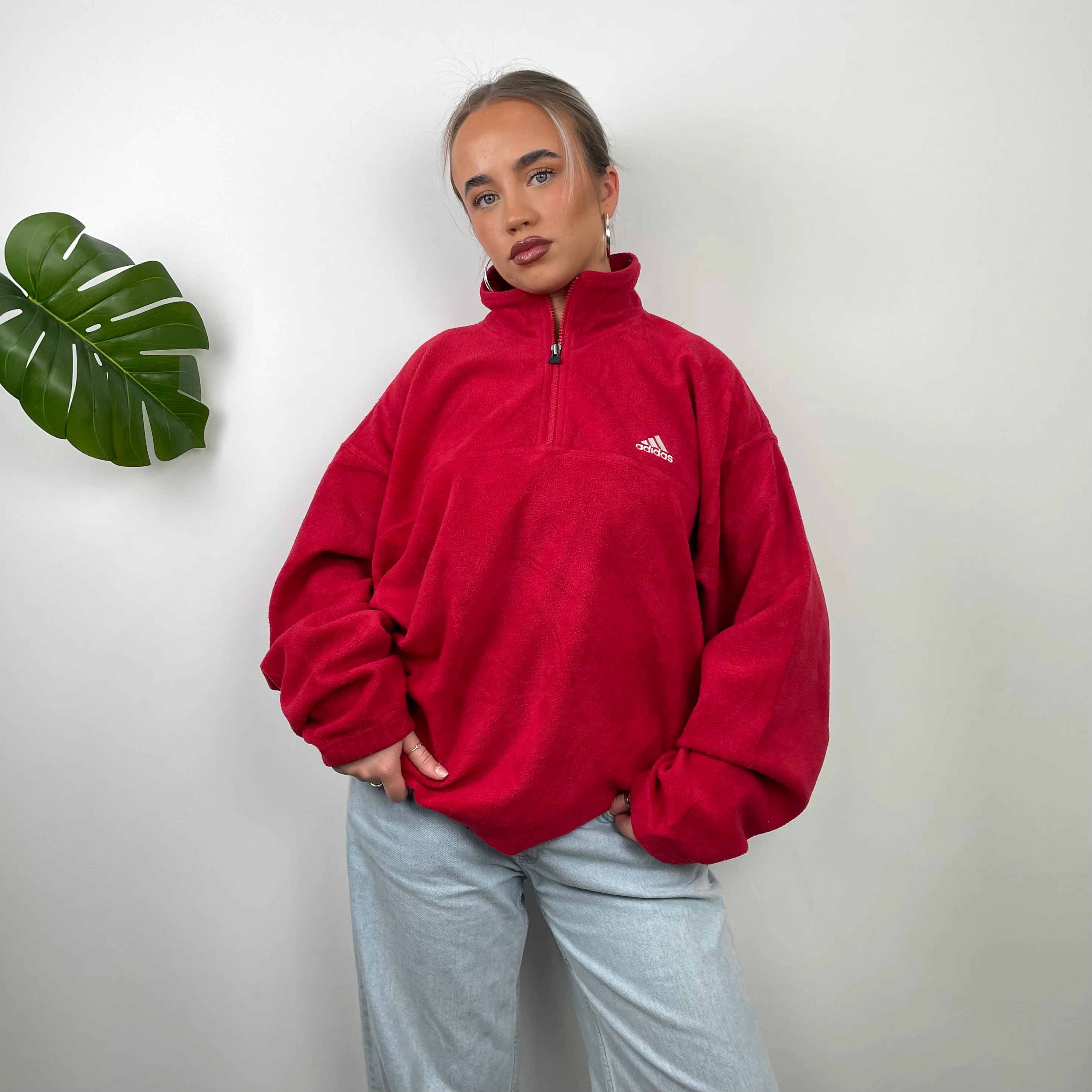 Adidas Red Embroidered Spell Out Teddy Bear Fleece Quarter Zip Sweatshirt (XL) - Image 4