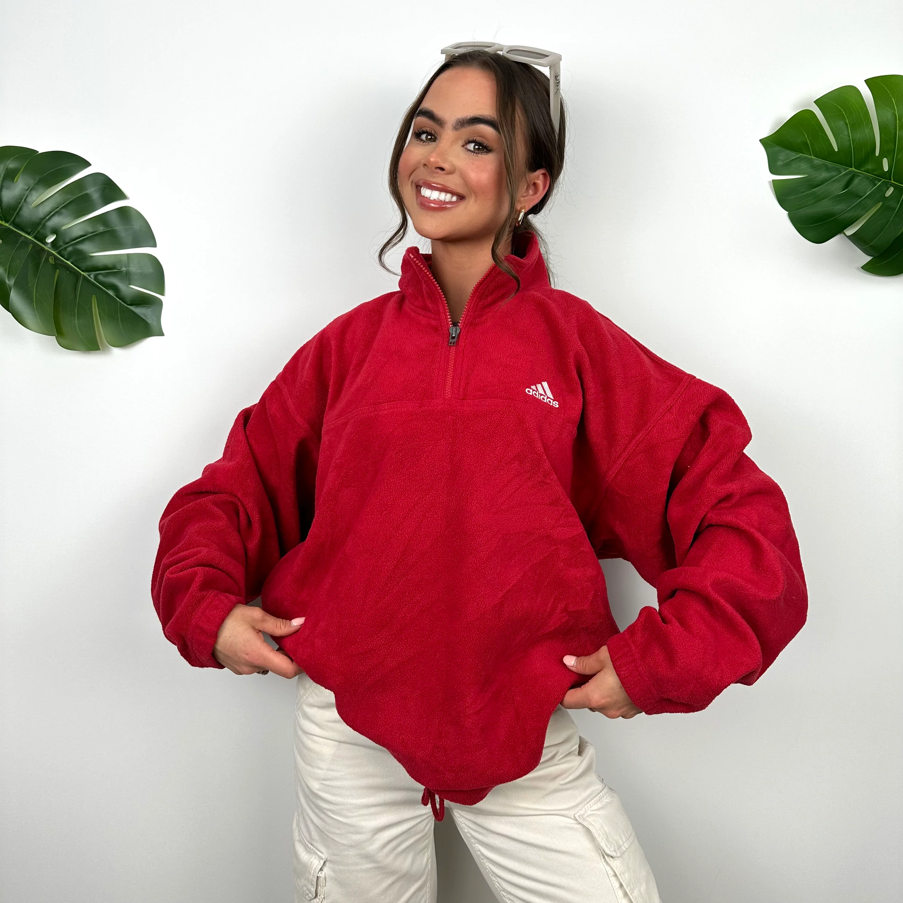 Adidas Red Embroidered Spell Out Teddy Bear Fleece Quarter Zip Sweatshirt (L) - Image 3