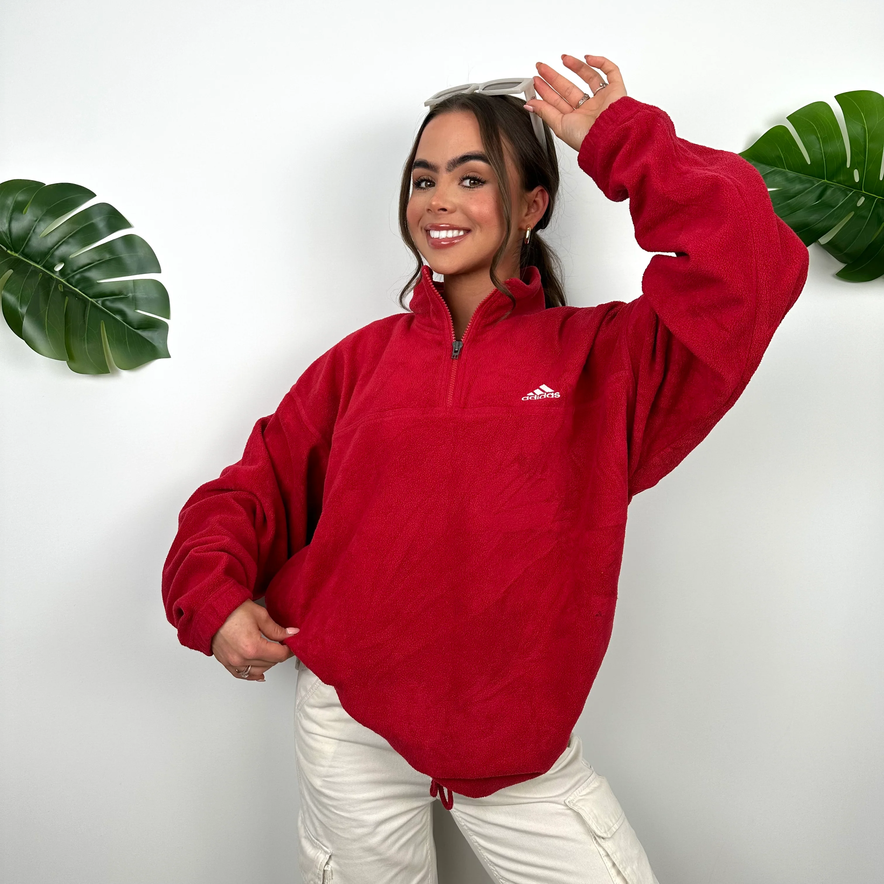 Adidas Red Embroidered Spell Out Teddy Bear Fleece Quarter Zip Sweatshirt (L) - Image 5