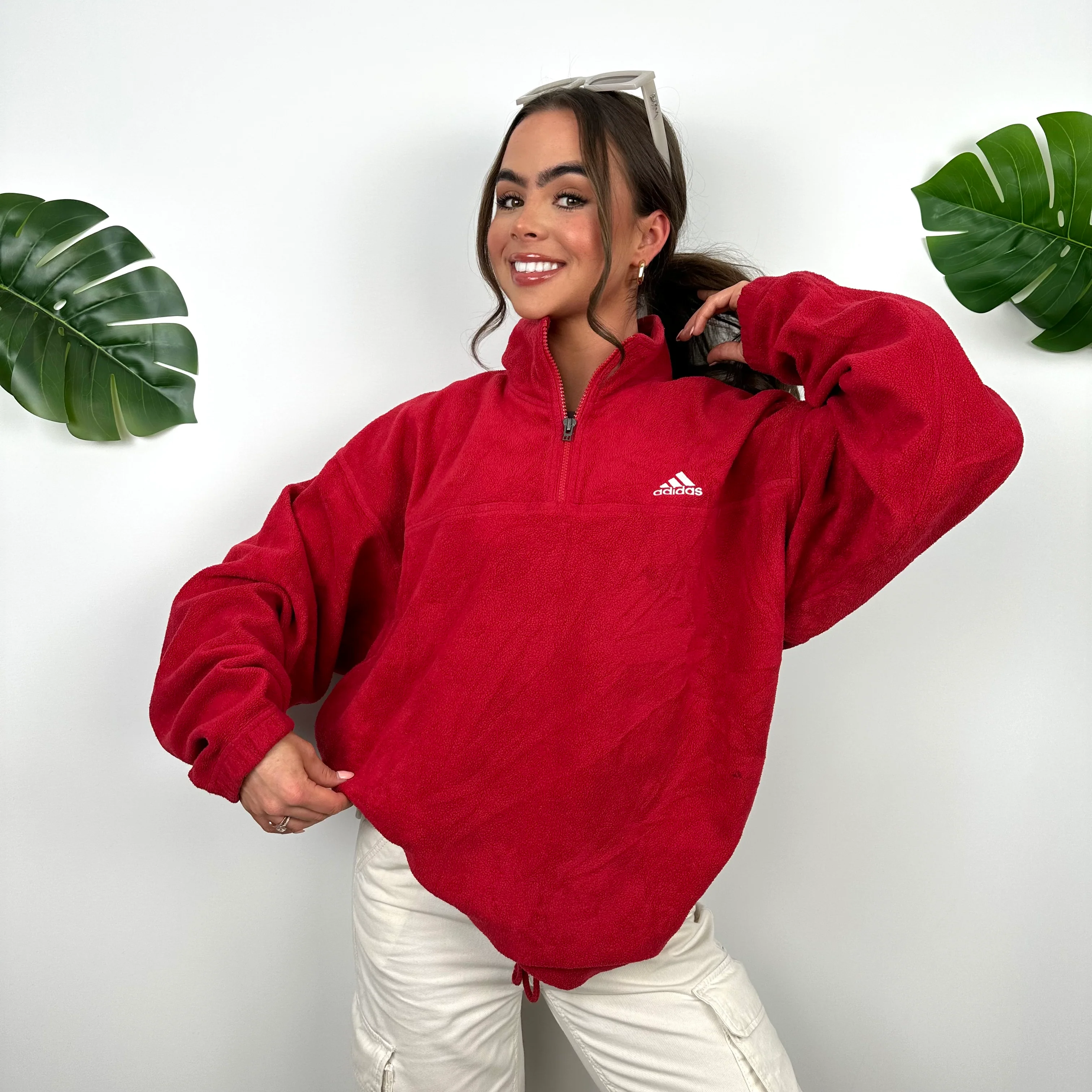 Adidas Red Embroidered Spell Out Teddy Bear Fleece Quarter Zip Sweatshirt (L) - Image 7