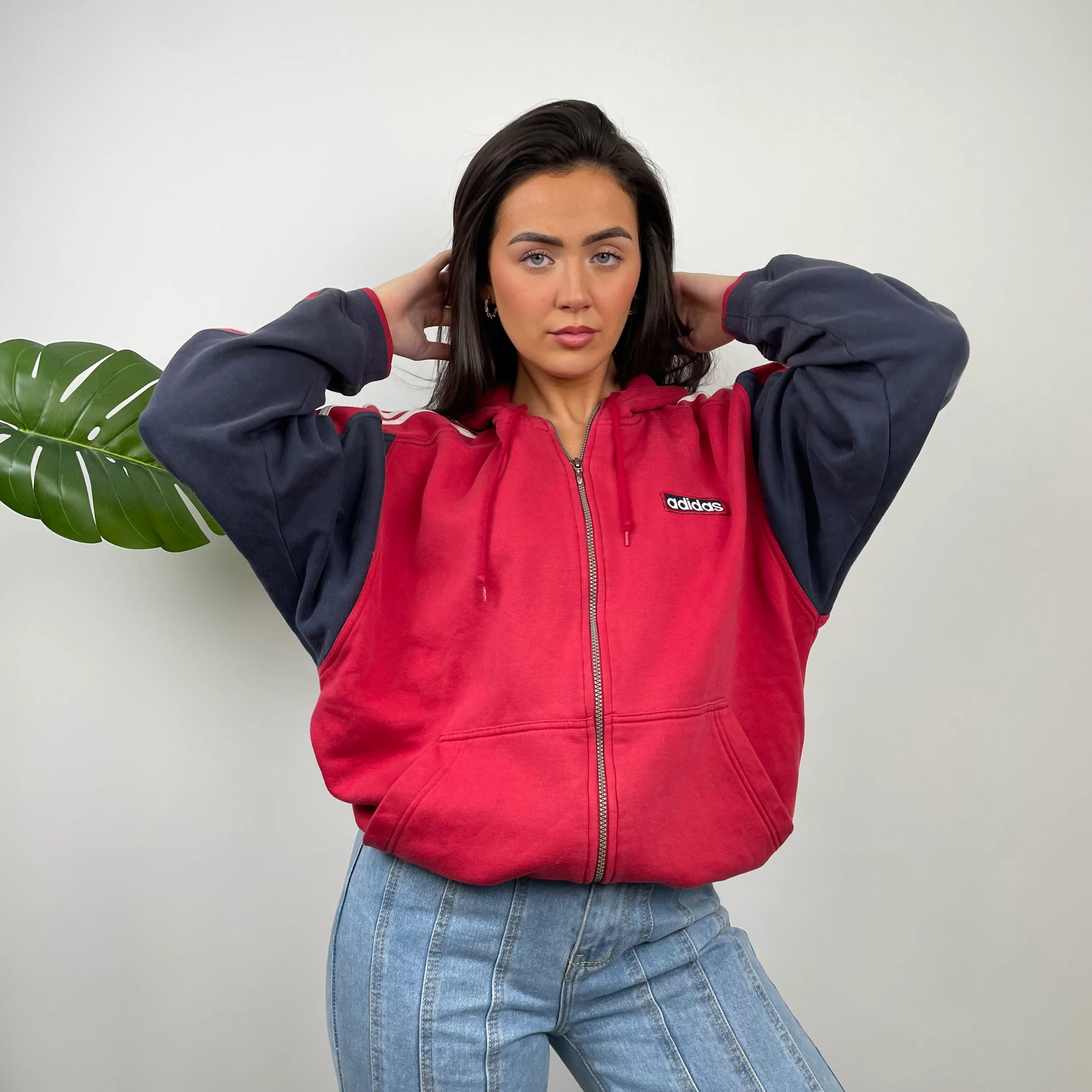 Adidas Red  Embroidered Spell Out Zip Up Hoodie Jacket (M) - Image 2