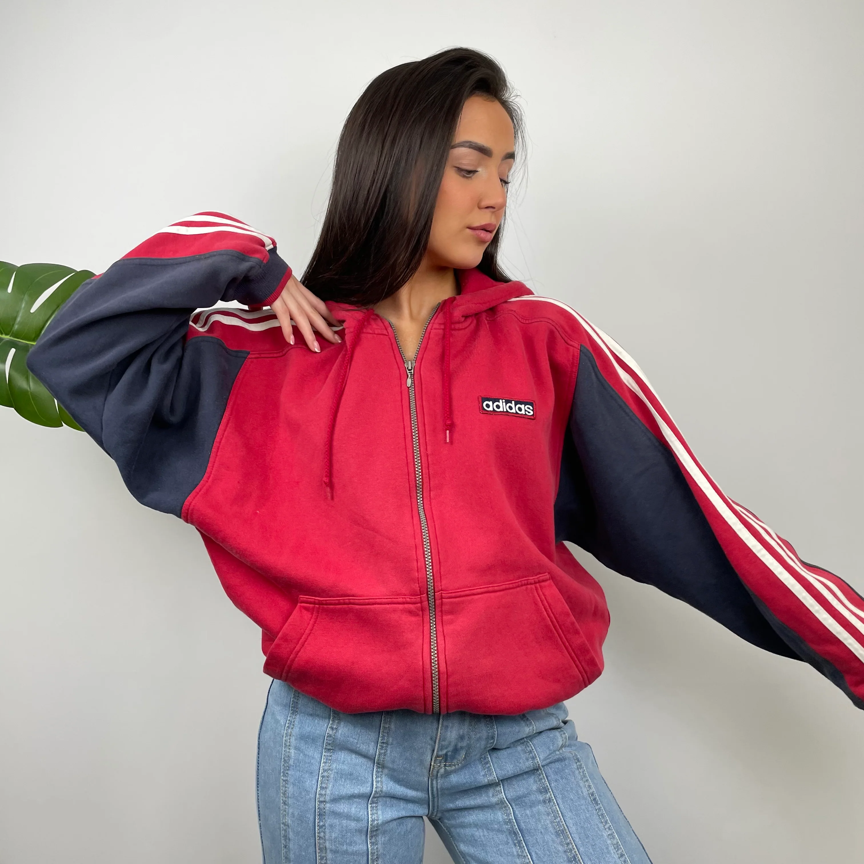 Adidas Red  Embroidered Spell Out Zip Up Hoodie Jacket (M) - Image 3