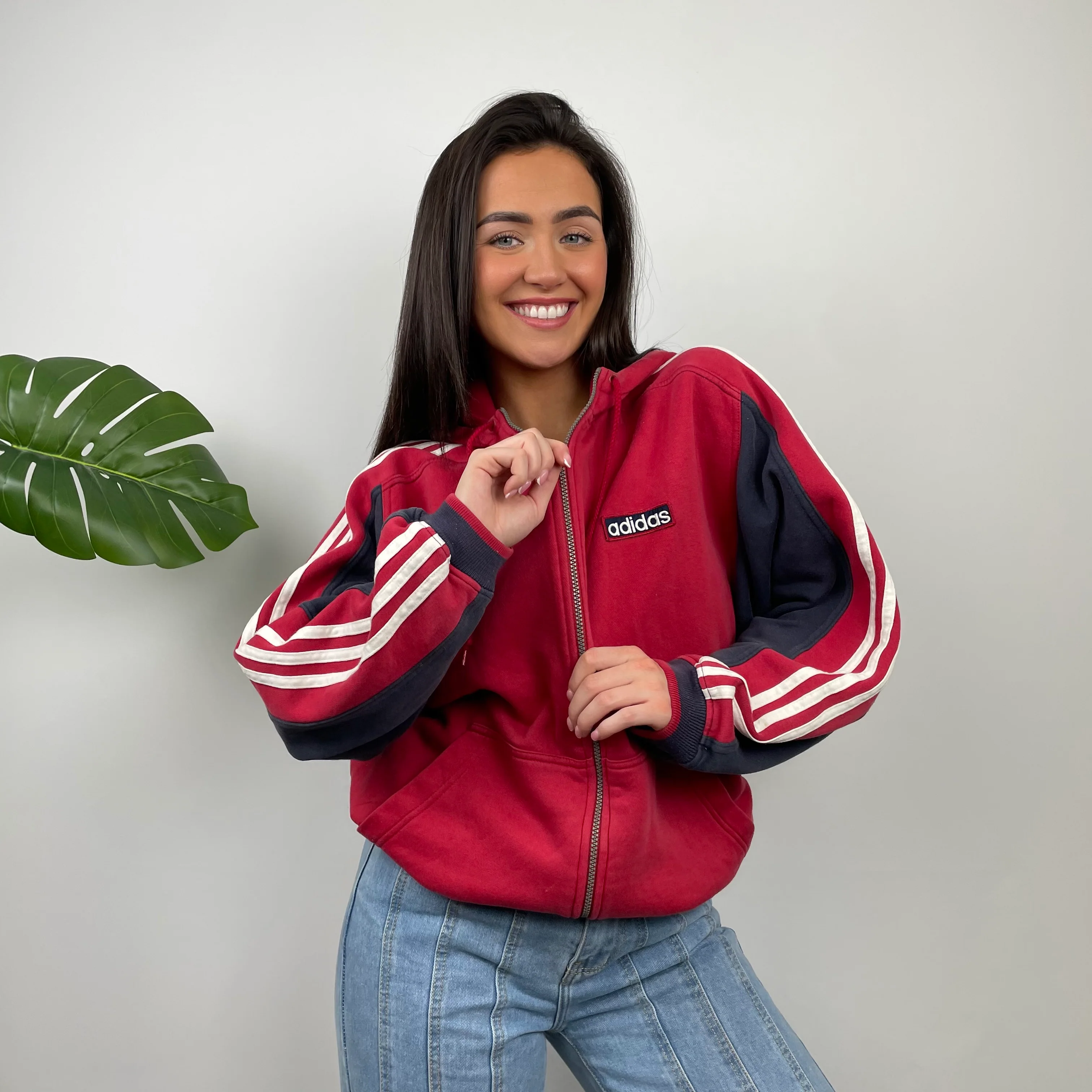 Adidas Red  Embroidered Spell Out Zip Up Hoodie Jacket (M) - Image 4