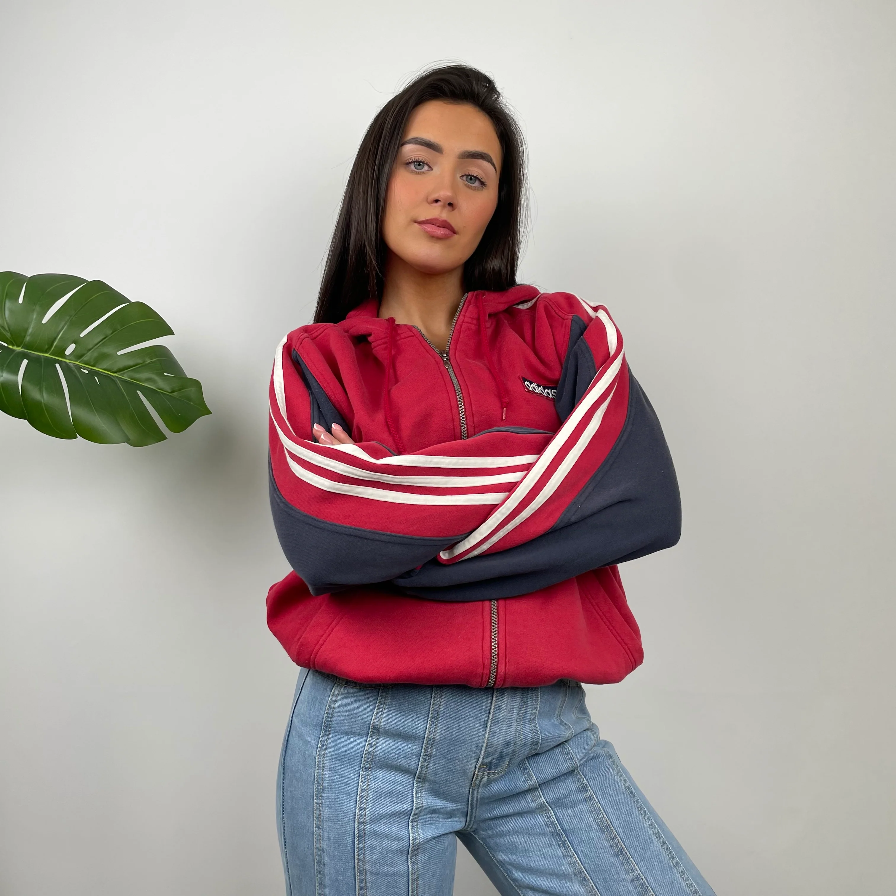 Adidas Red  Embroidered Spell Out Zip Up Hoodie Jacket (M) - Image 7