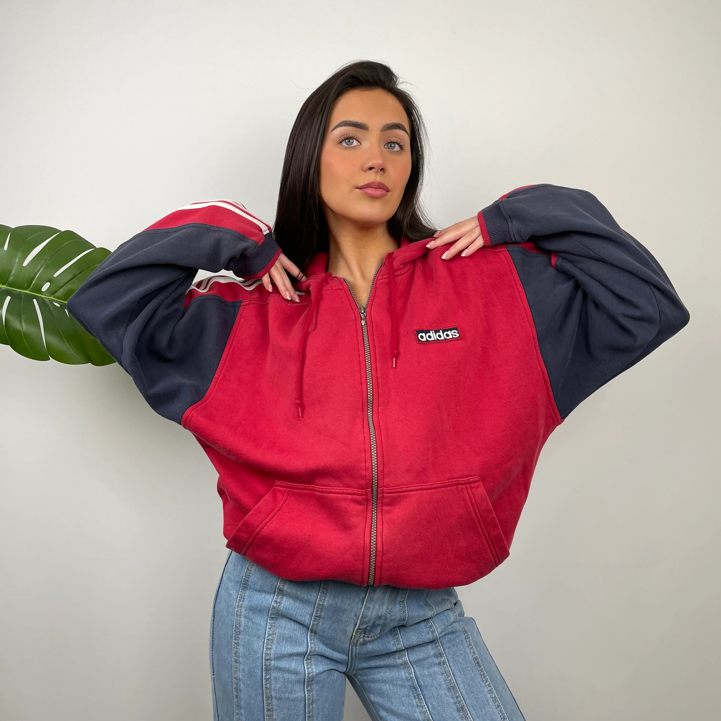 Adidas Red  Embroidered Spell Out Zip Up Hoodie Jacket (M) - Image 8