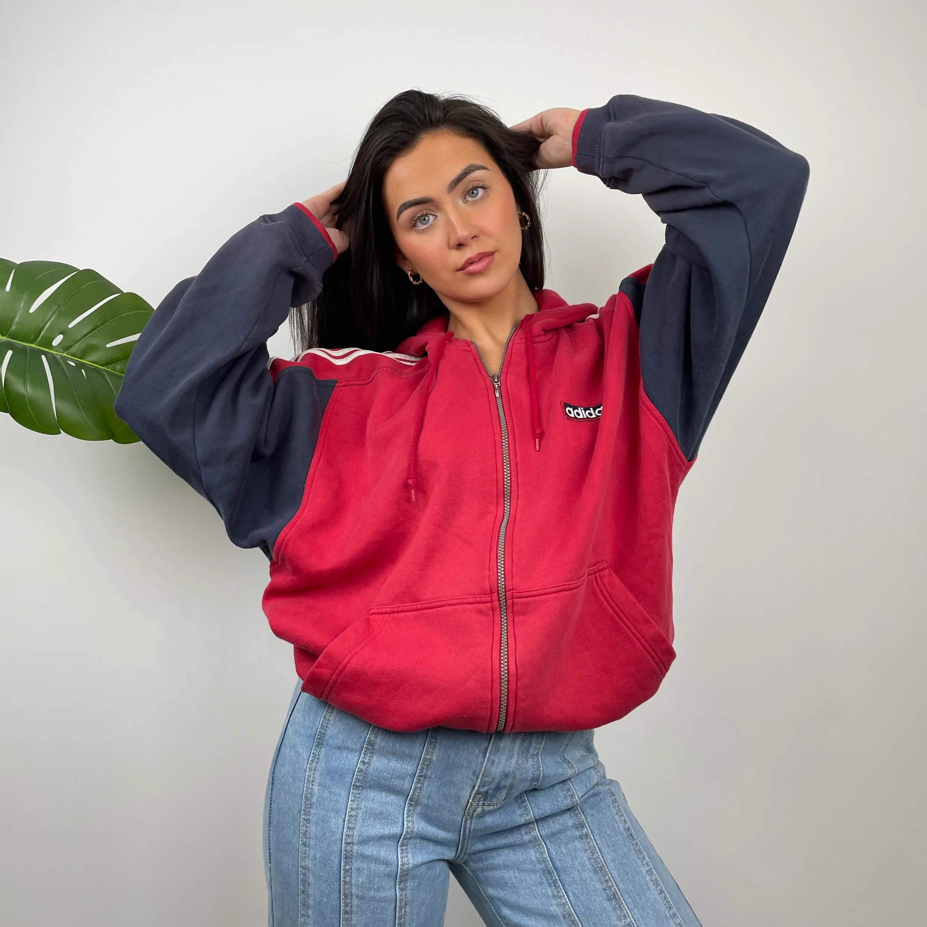 Adidas Red  Embroidered Spell Out Zip Up Hoodie Jacket (M) - Image 9
