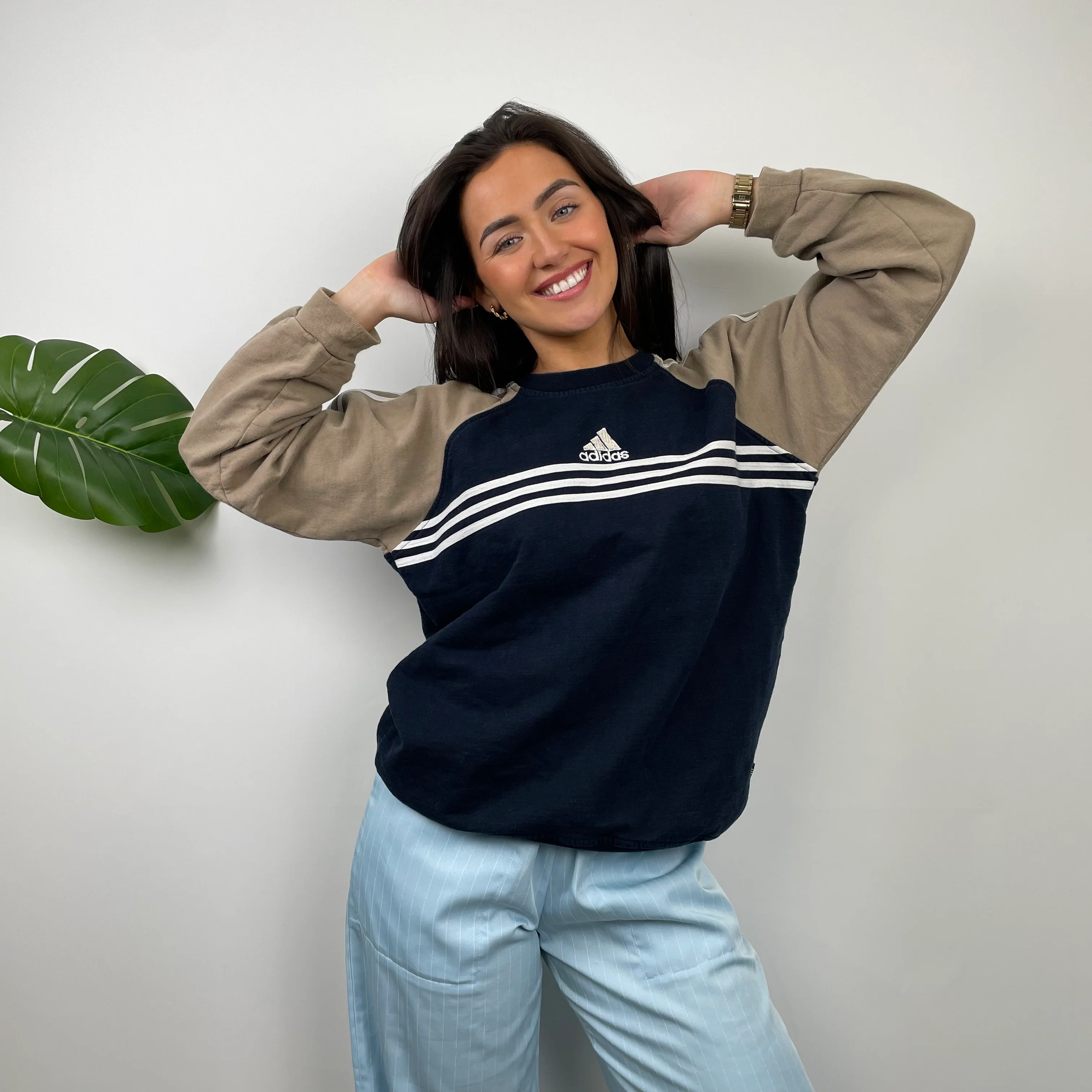 Adidas Tan and Black Embroidered Spell Out Sweatshirt (M)