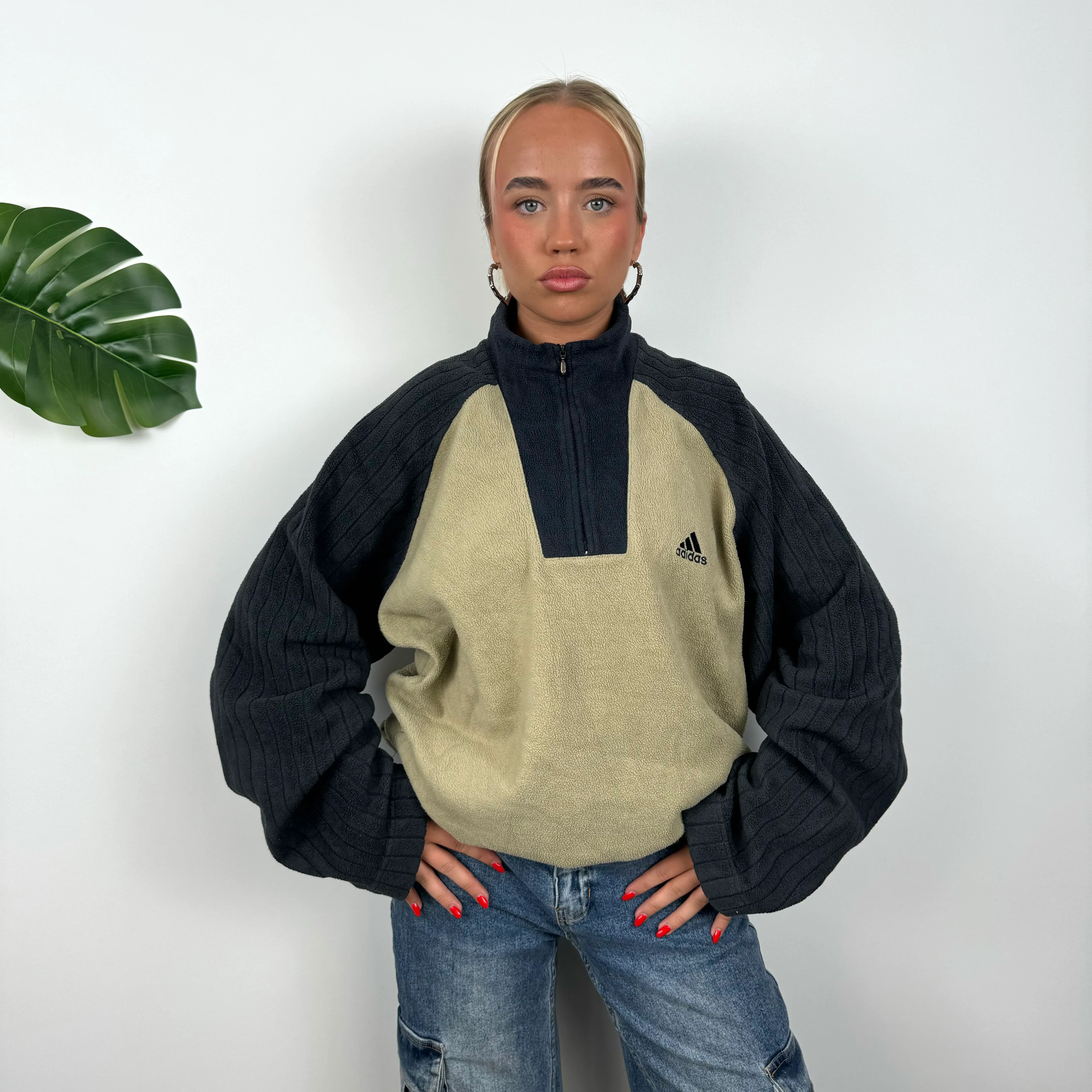 Adidas Tan Embroidered Spell Out Teddy Bear Fleece Quarter Zip Sweatshirt (L) - Image 3