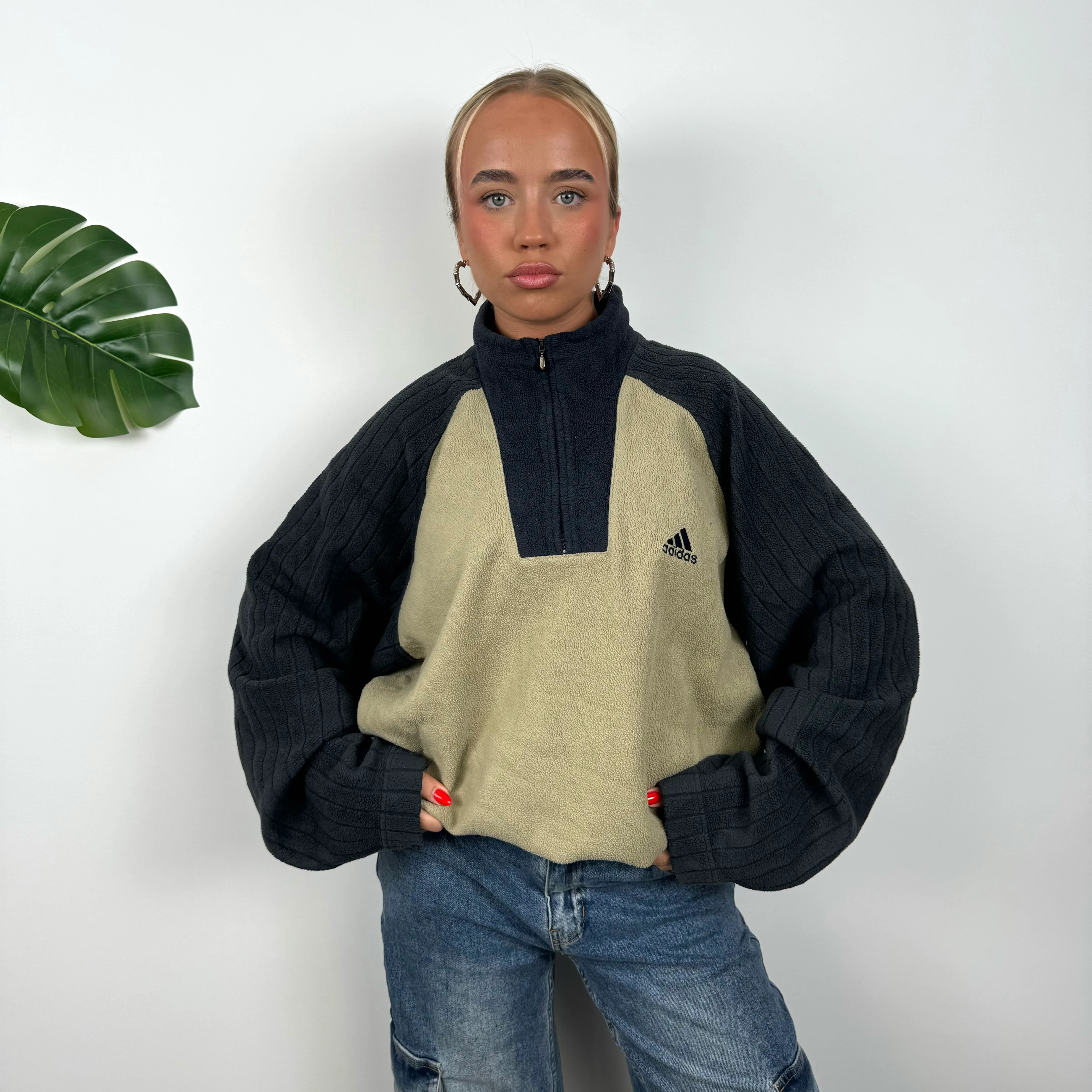Adidas Tan Embroidered Spell Out Teddy Bear Fleece Quarter Zip Sweatshirt (L) - Image 4