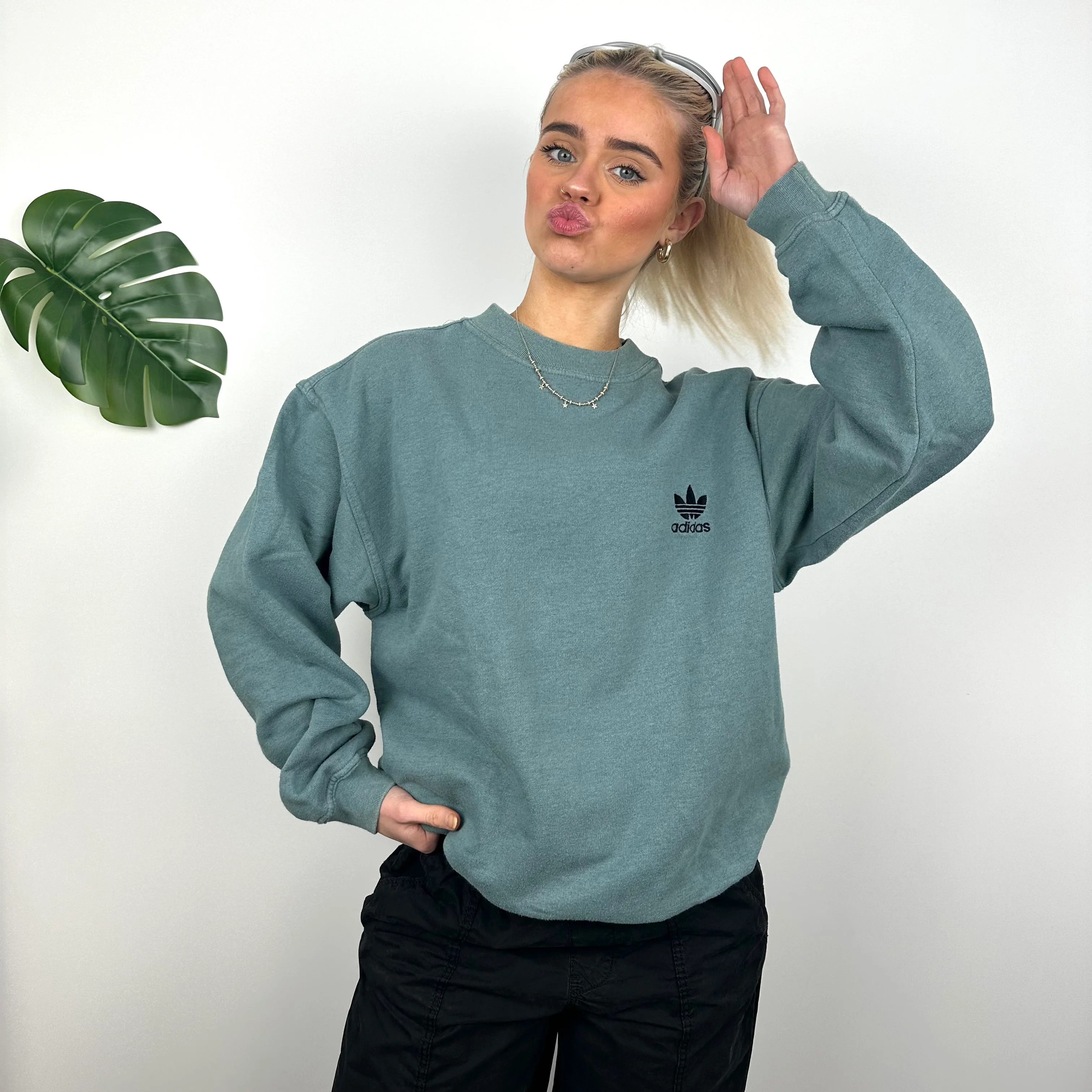 Adidas Teal Green Embroidered Spell Out Sweatshirt (M) - Image 2