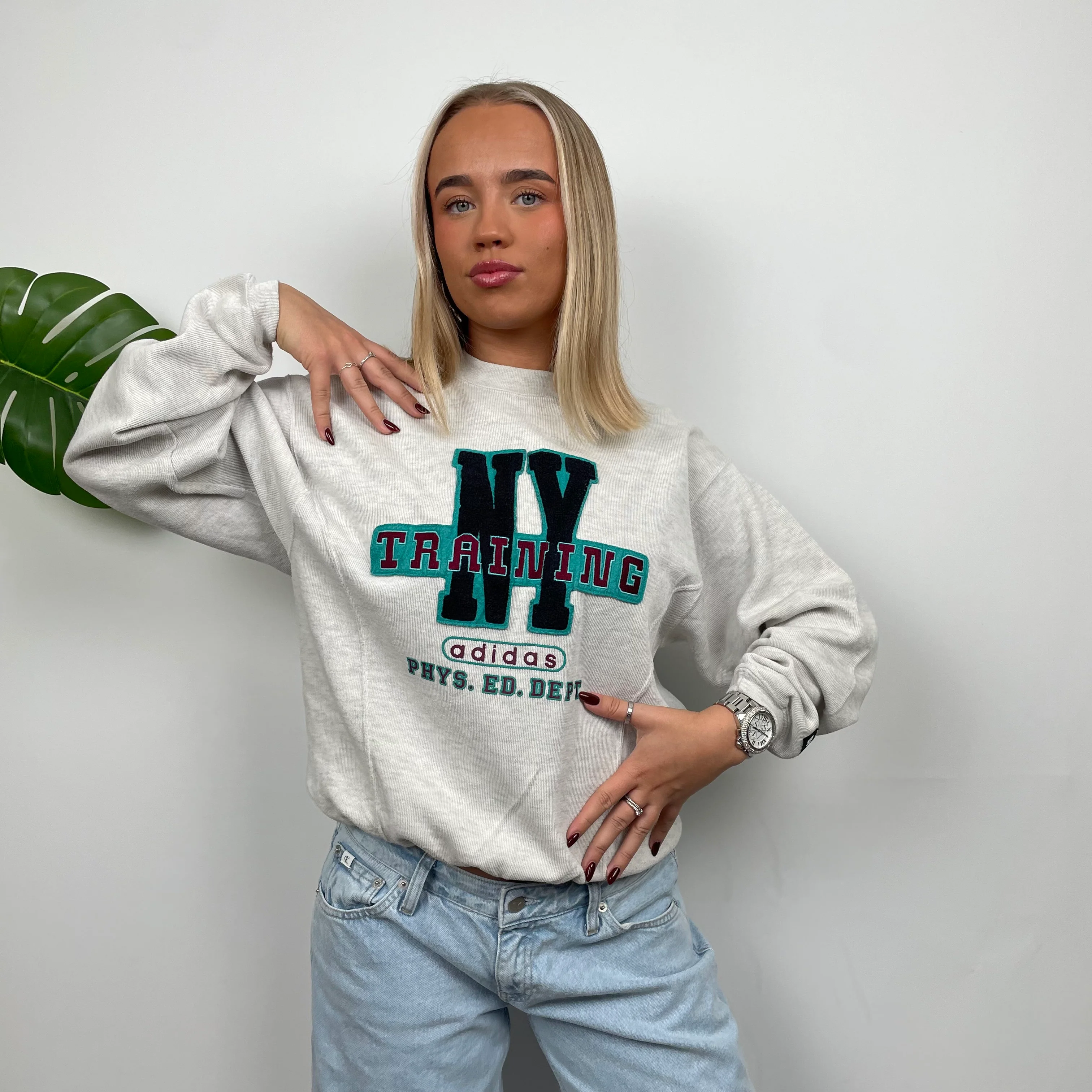 Adidas Training RARE Grey Embroidered Spell Out Sweatshirt (XS) - Image 5