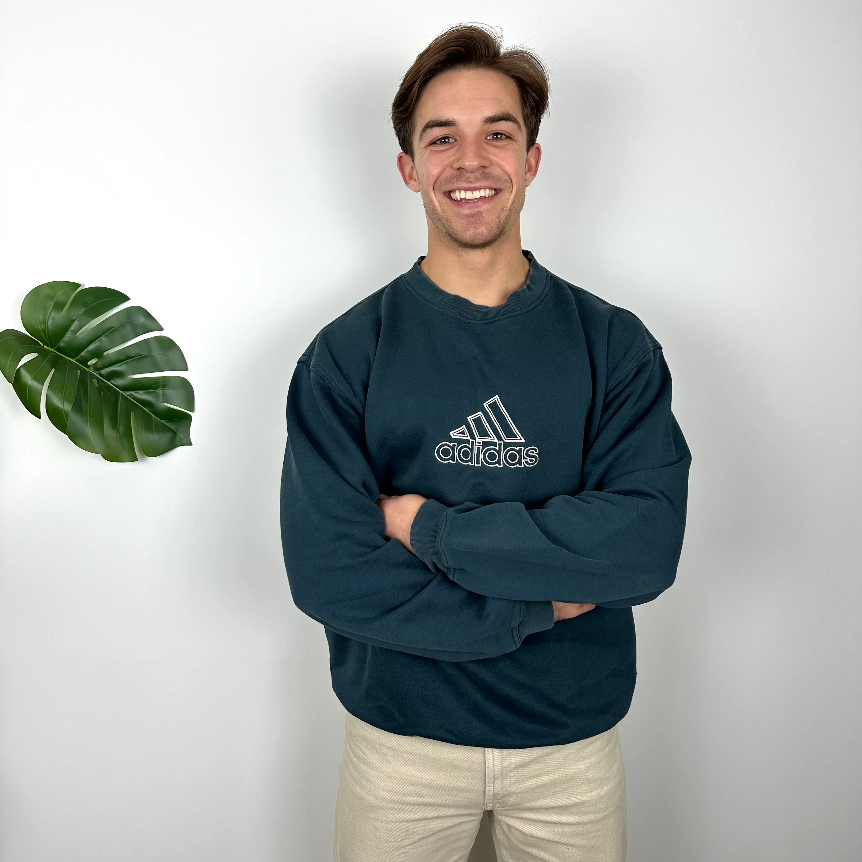 Adidas Turquoise Embroidered Spell Out Sweatshirt (XL) - Image 3