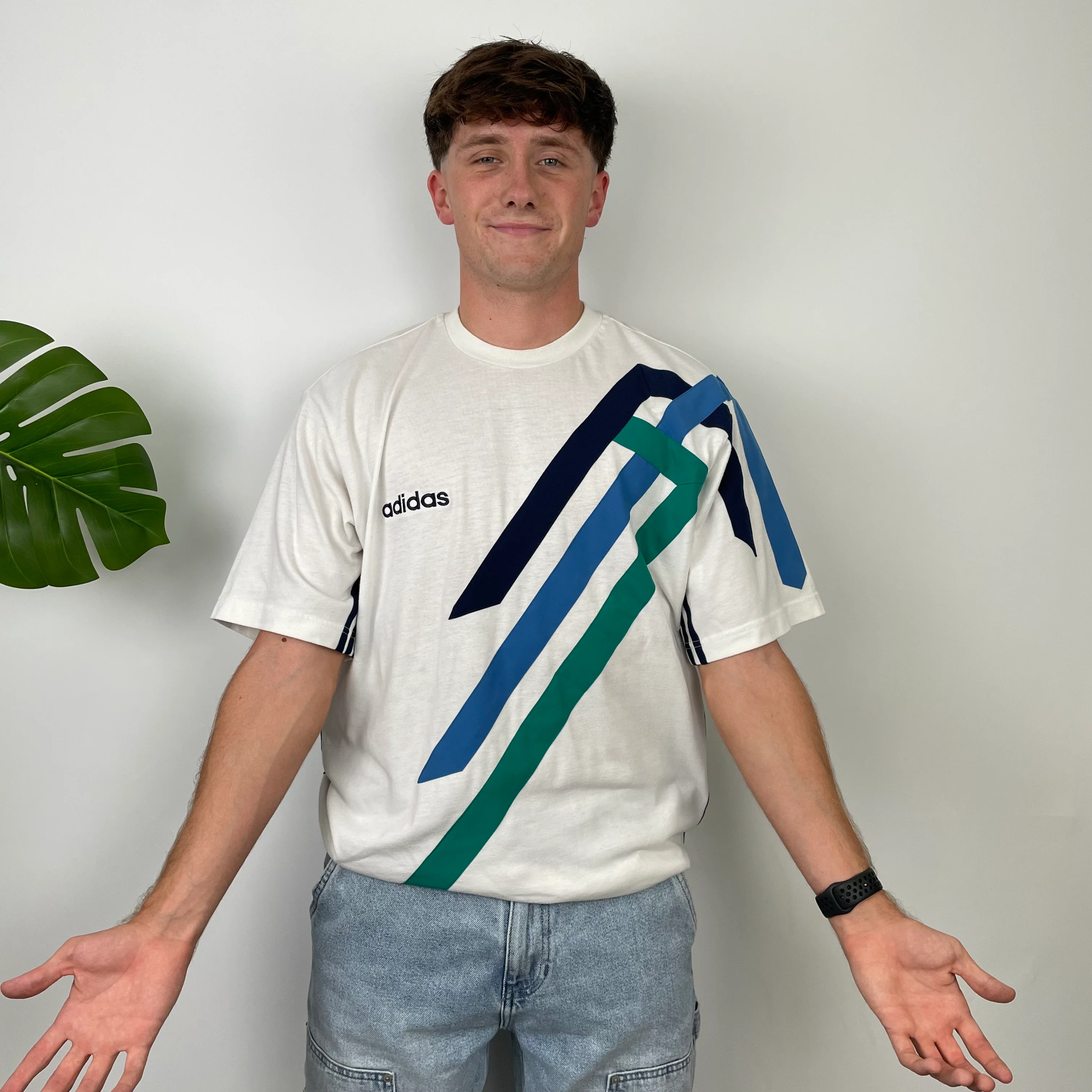Adidas White Embroidered Spell Out Colour Block T Shirt (XL) - Image 2