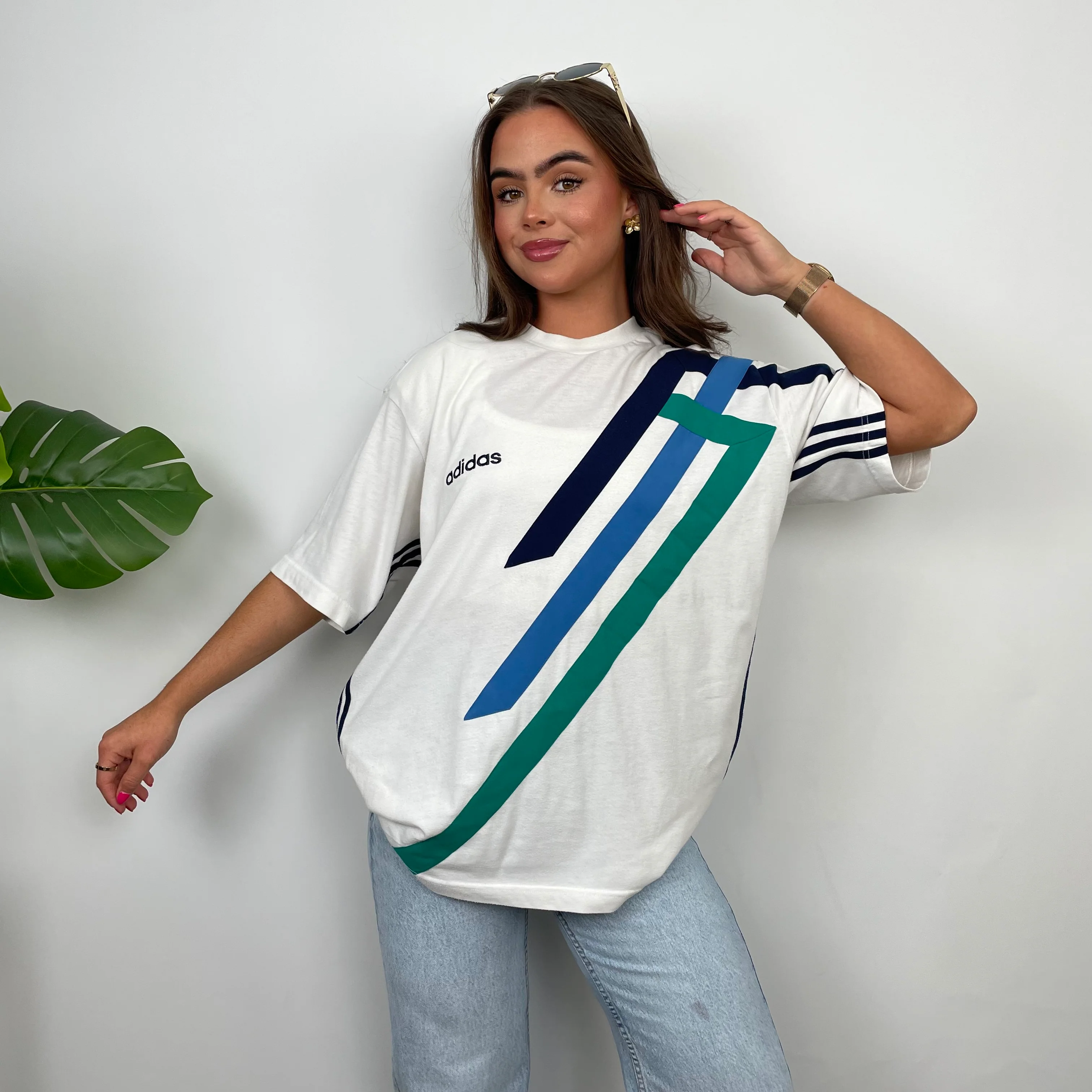 Adidas White Embroidered Spell Out Colour Block T Shirt (XL) - Image 3