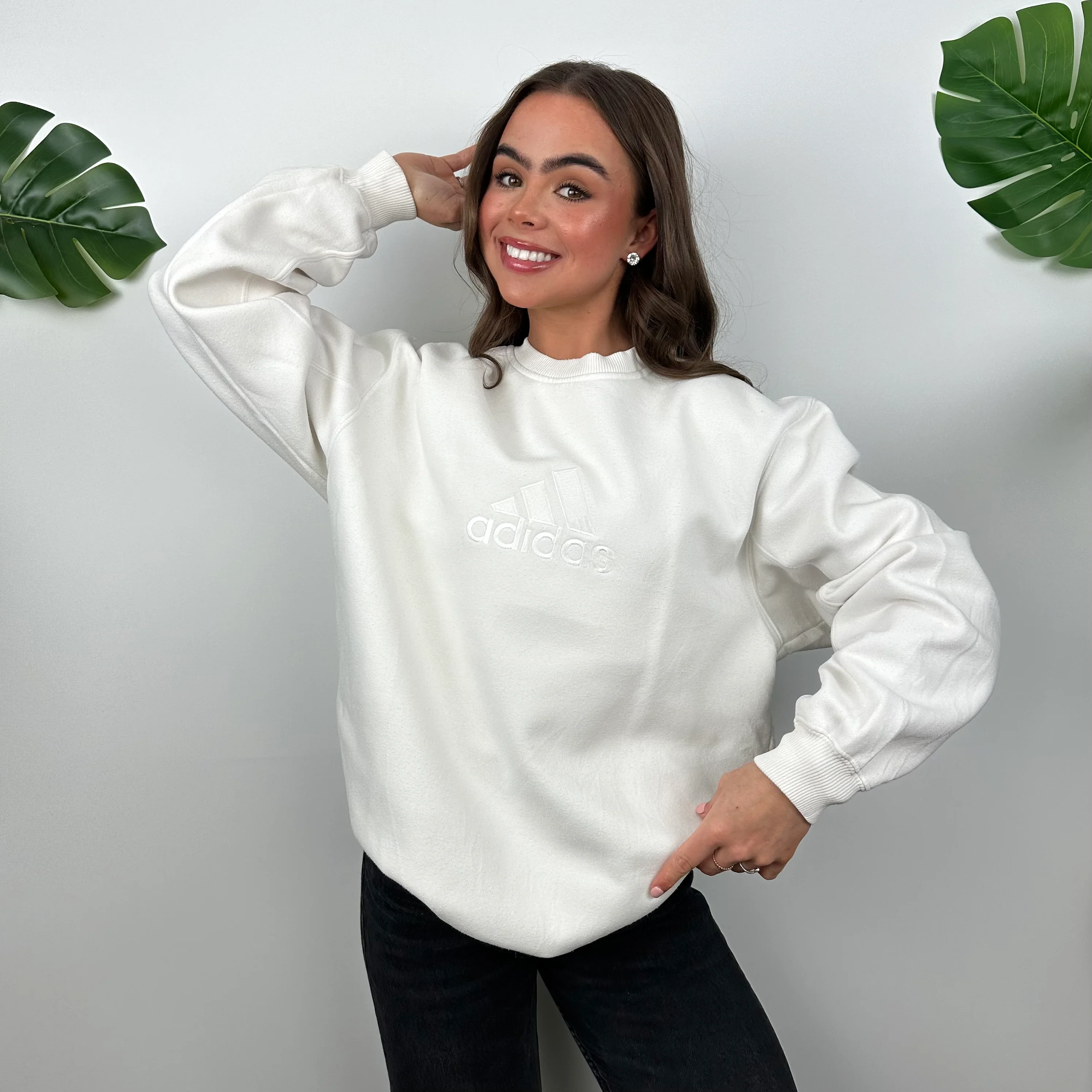Adidas White Embroidered Spell Out Sweatshirt (M) - Image 2