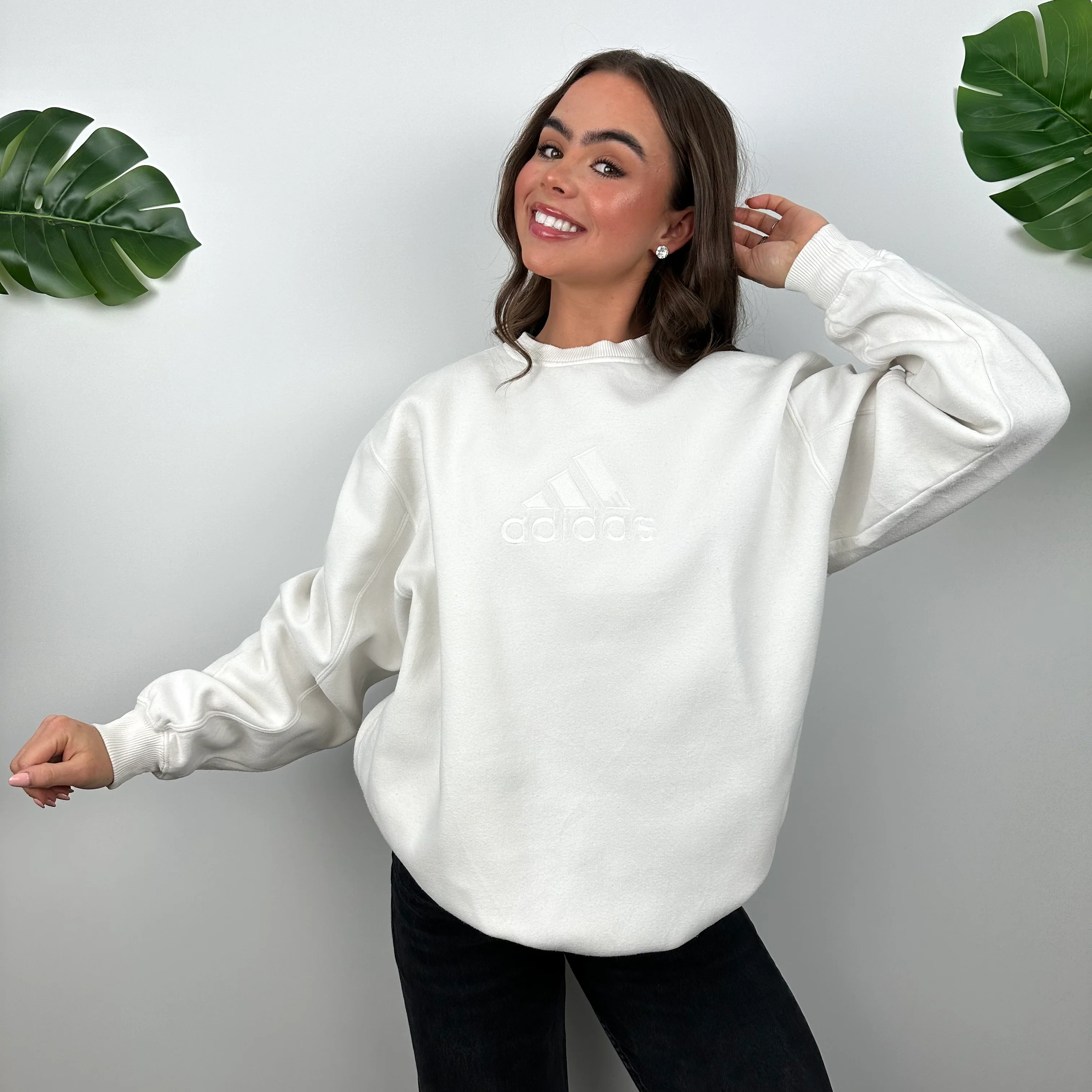Adidas White Embroidered Spell Out Sweatshirt (M) - Image 3