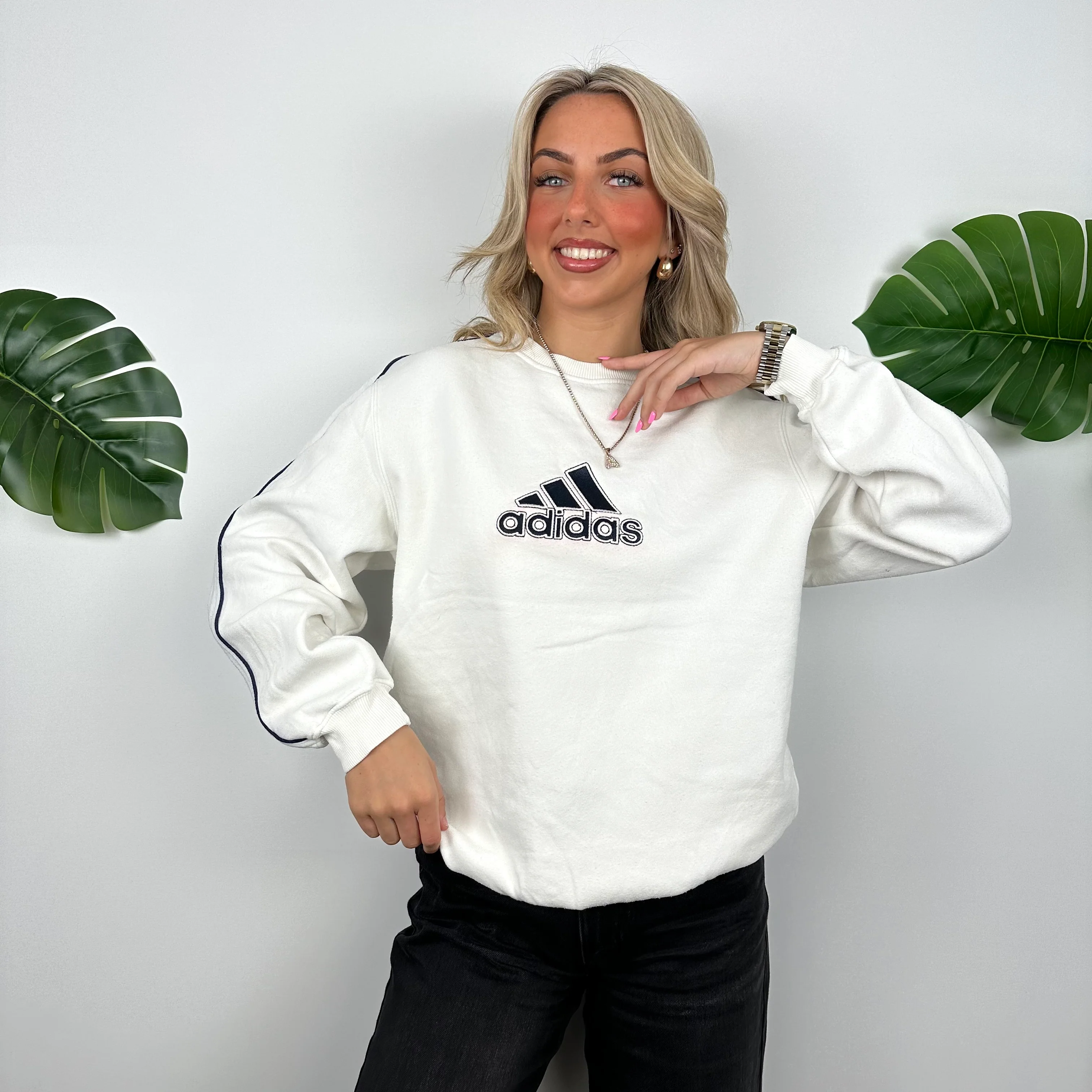 Adidas White Embroidered Spell Out Sweatshirt (M) - Image 3