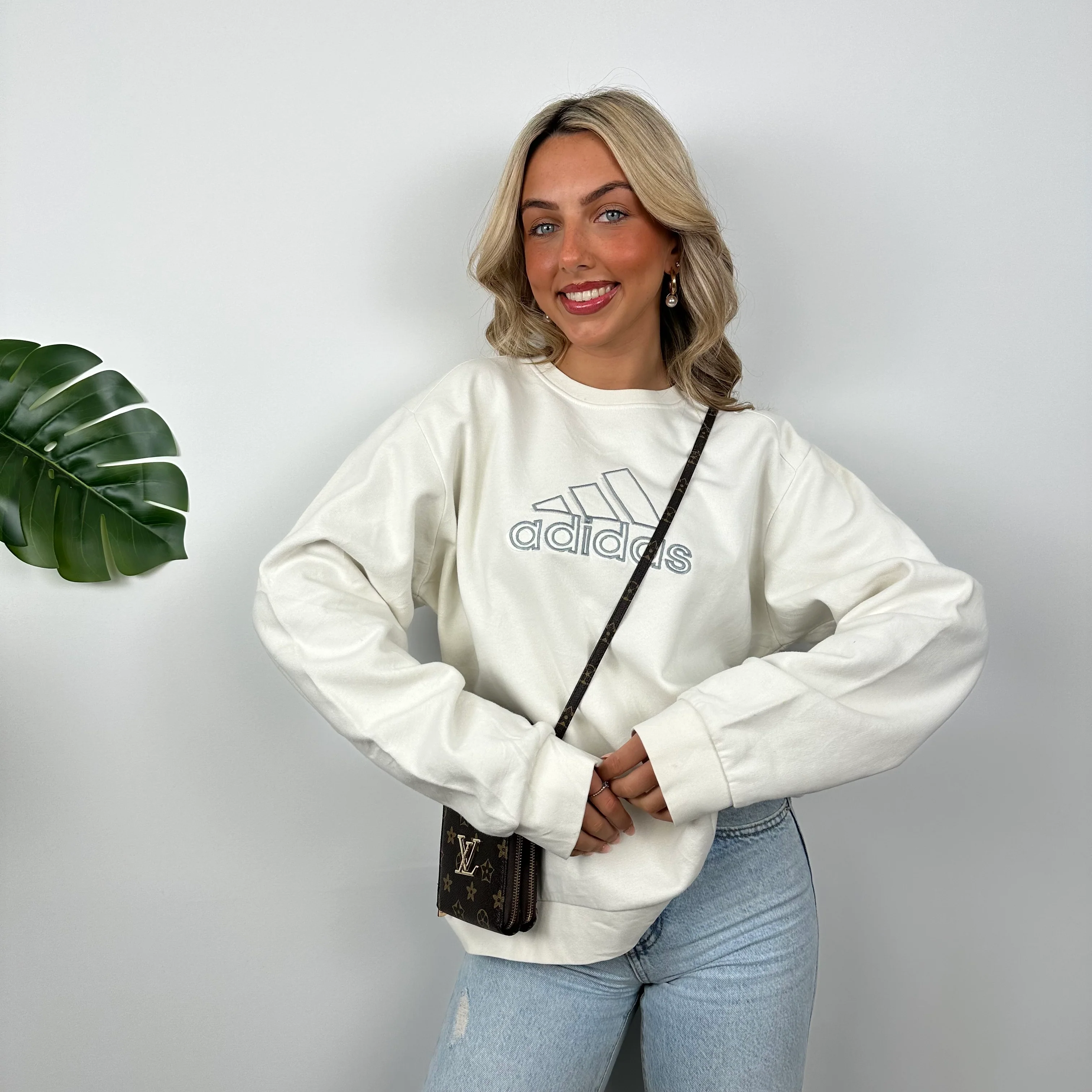 Adidas White Embroidered Spell Out Sweatshirt (M) - Image 3