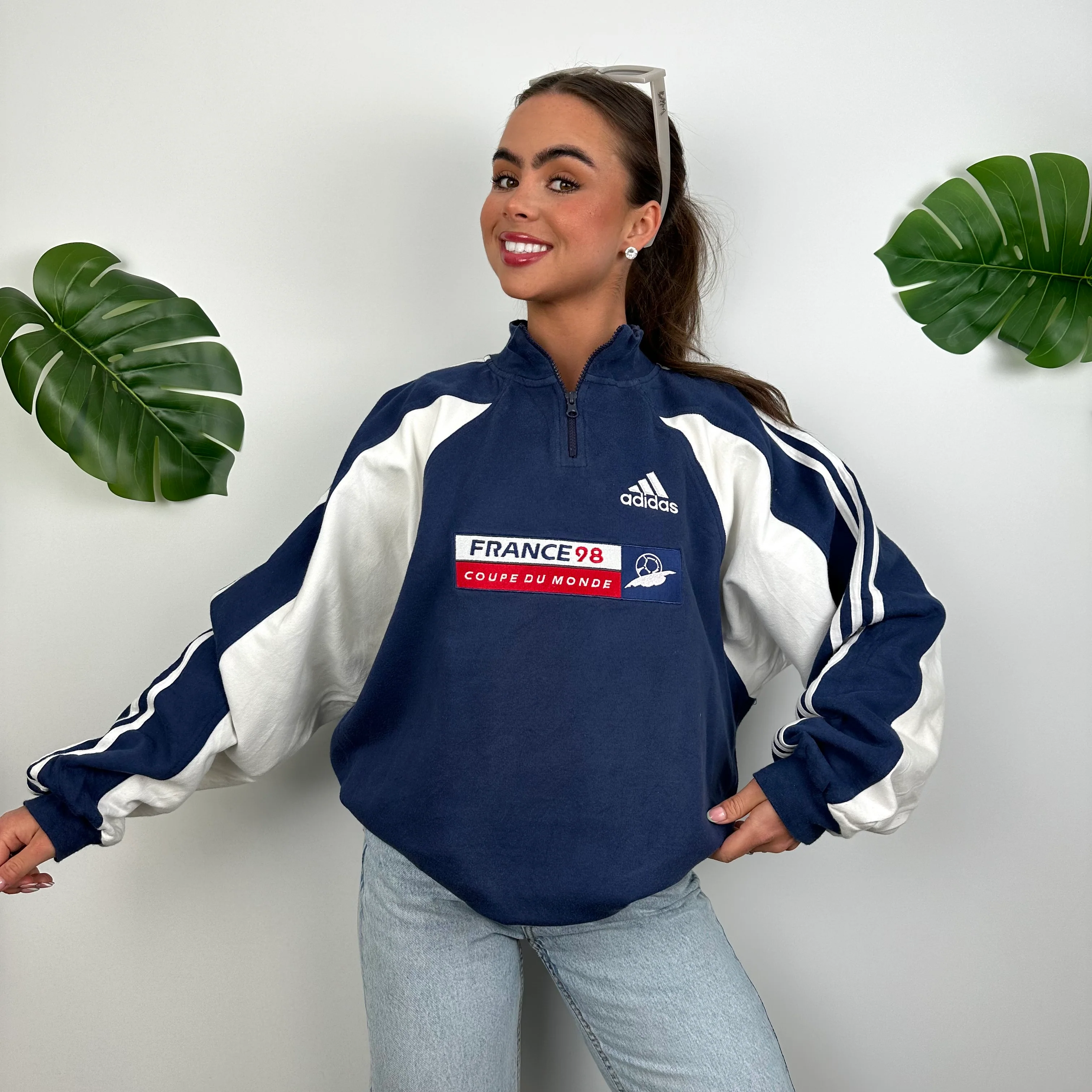 Adidas x Football World Cup France 1998 RARE Navy Embroidered Spell Out Quarter Zip Sweatshirt (M) - Image 2