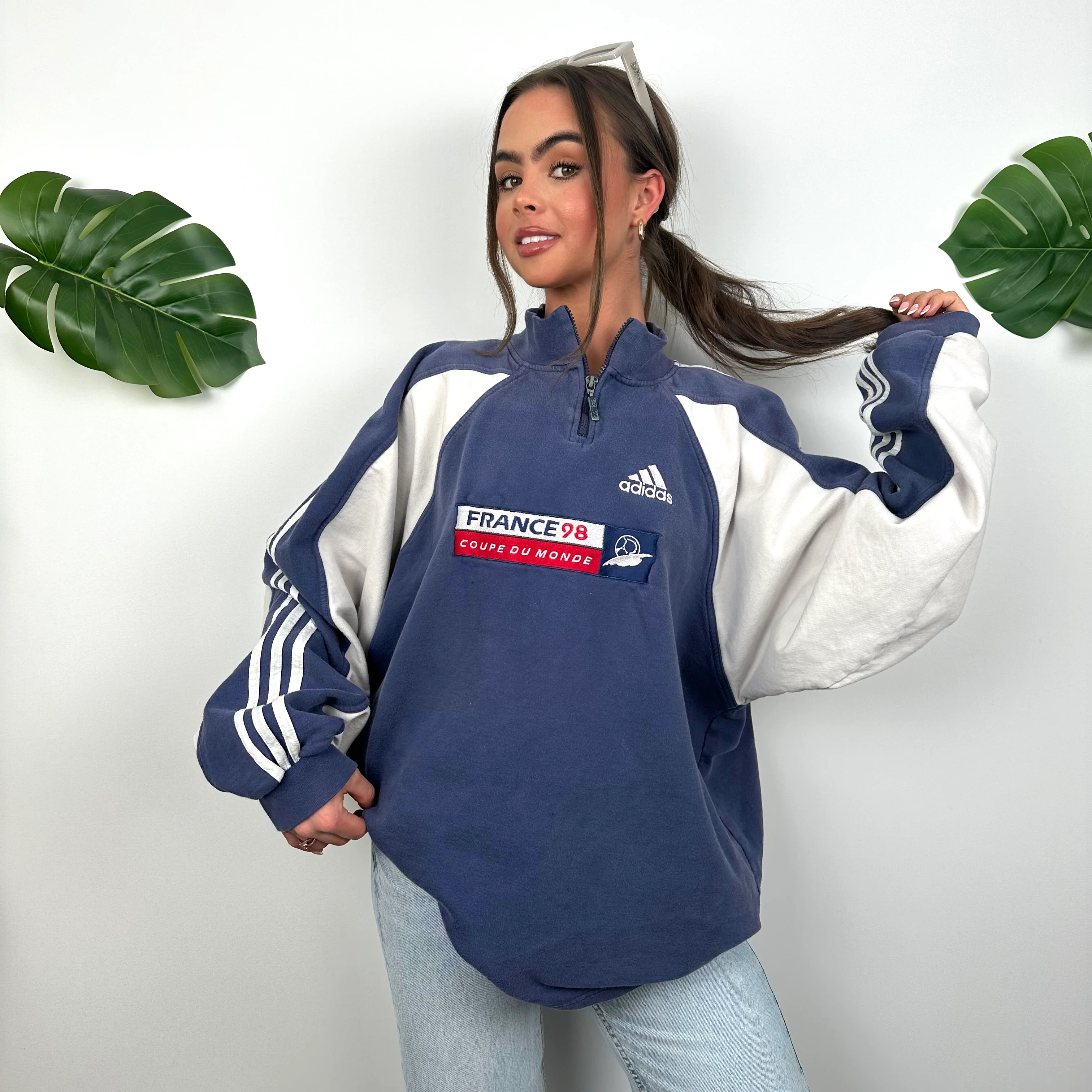 Adidas x Football World Cup France 1998 RARE Navy Embroidered Spell Out Quarter Zip Sweatshirt (XL) - Image 2