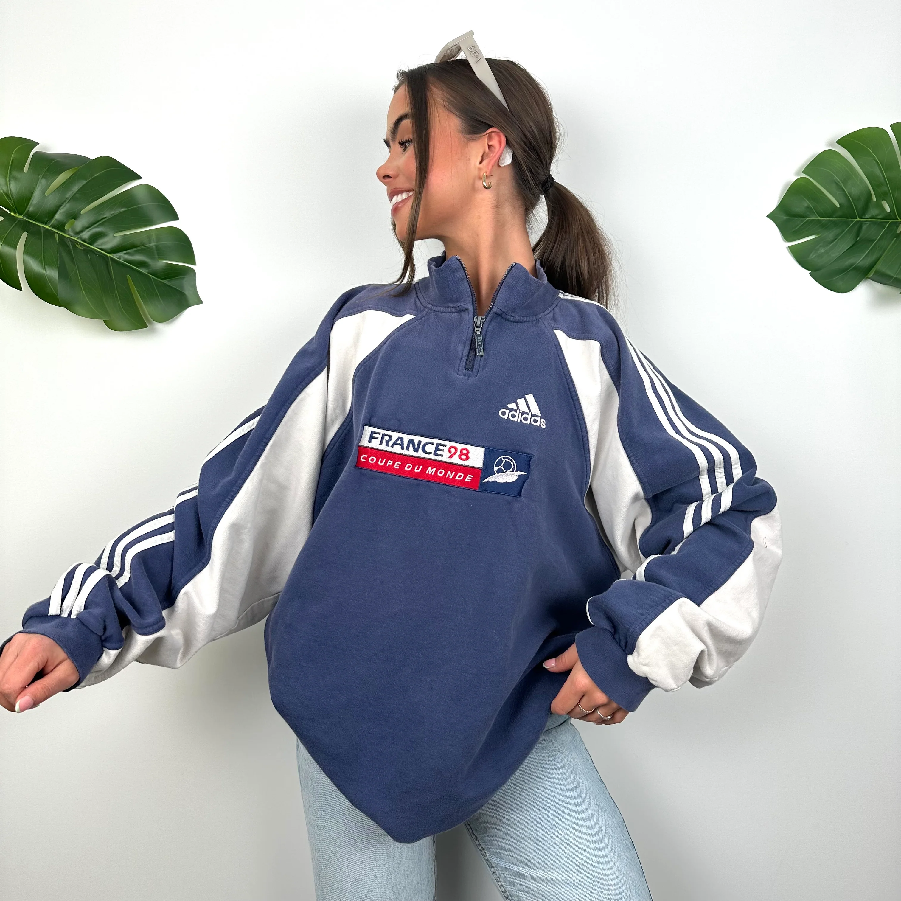 Adidas x Football World Cup France 1998 RARE Navy Embroidered Spell Out Quarter Zip Sweatshirt (XL) - Image 5