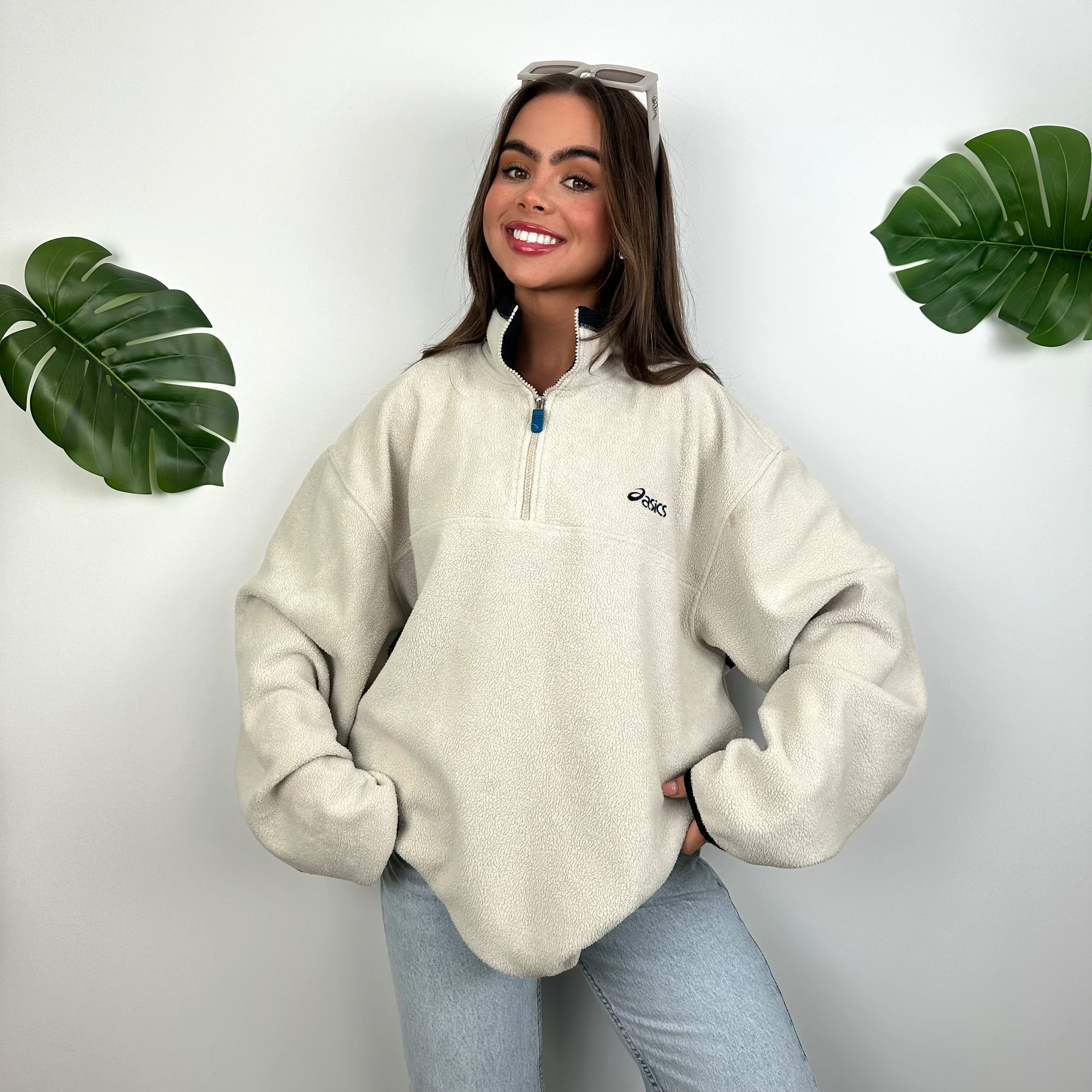 ASICS Cream Embroidered Spell Out Teddy Bear Fleece Quarter Zip Sweatshirt (XL) - Image 3