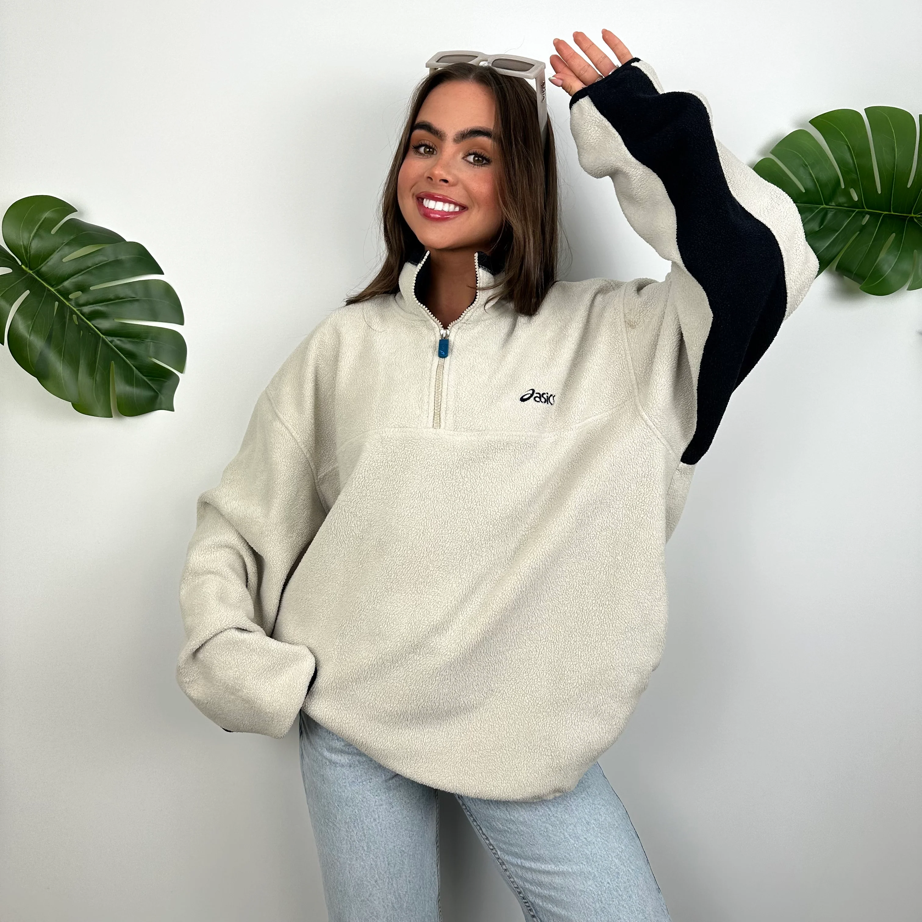 ASICS Cream Embroidered Spell Out Teddy Bear Fleece Quarter Zip Sweatshirt (XL) - Image 4