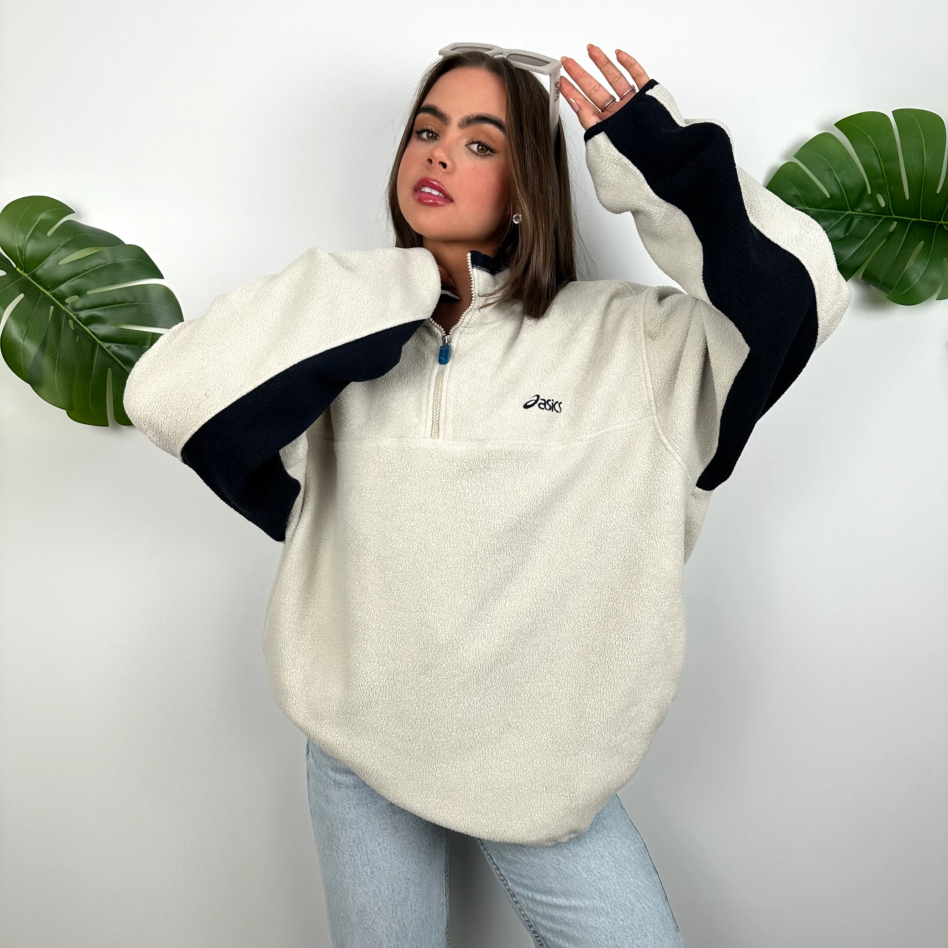 ASICS Cream Embroidered Spell Out Teddy Bear Fleece Quarter Zip Sweatshirt (XL) - Image 5