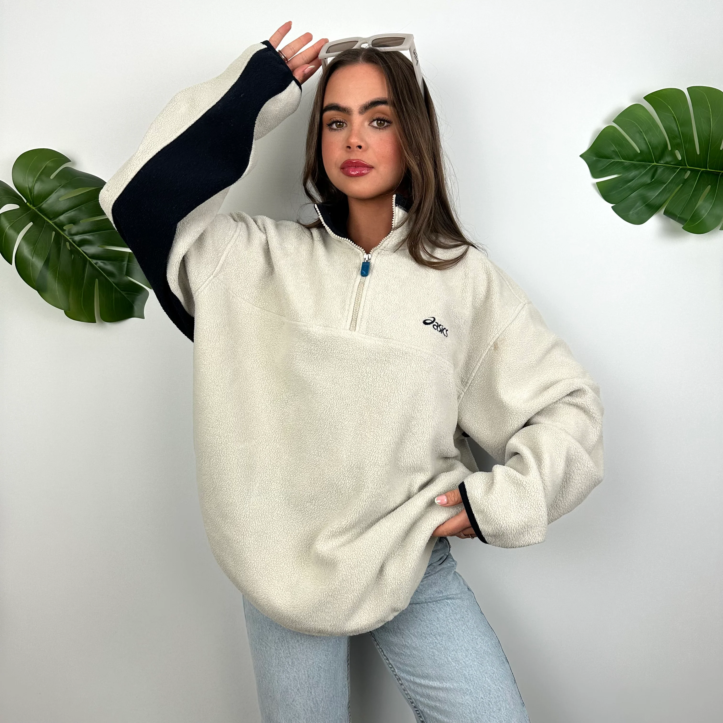 ASICS Cream Embroidered Spell Out Teddy Bear Fleece Quarter Zip Sweatshirt (XL) - Image 6