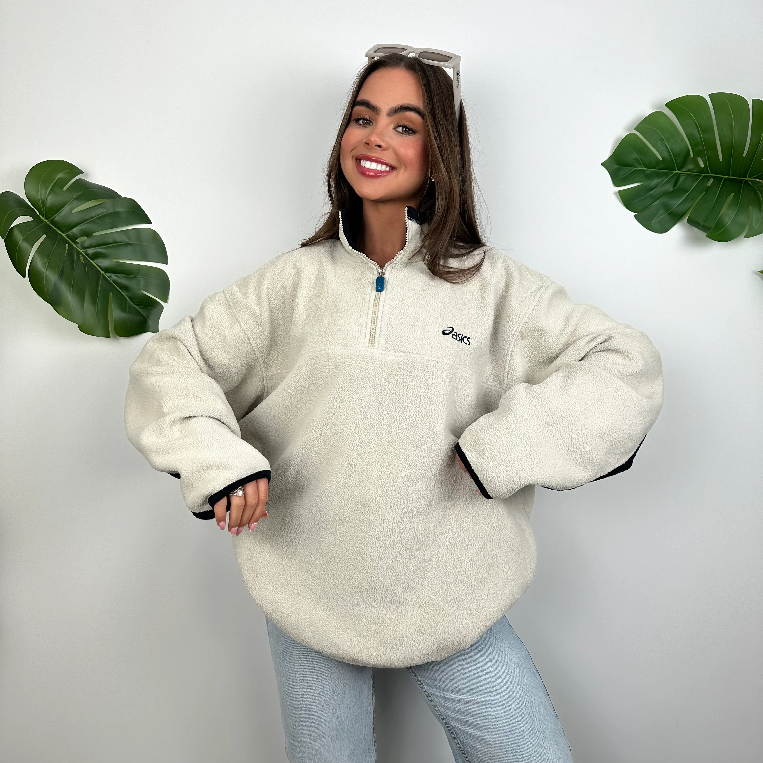 ASICS Cream Embroidered Spell Out Teddy Bear Fleece Quarter Zip Sweatshirt (XL) - Image 7