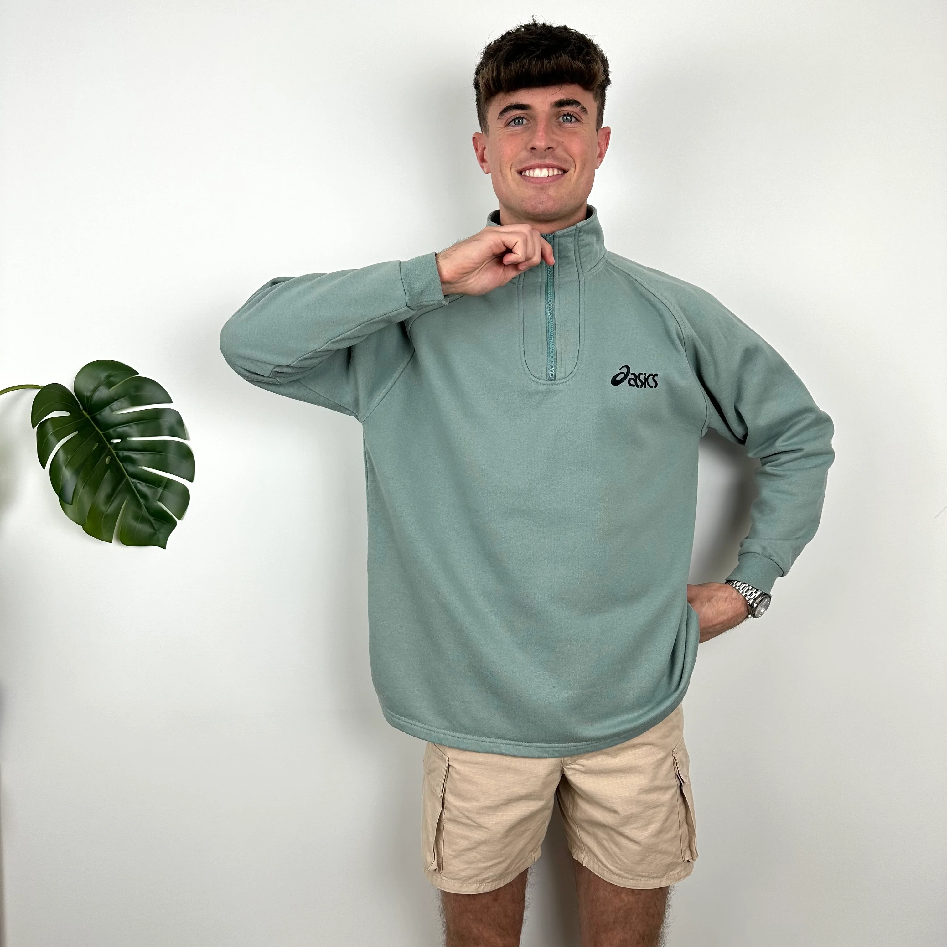 ASICS Green Embroidered Spell Out Quarter Zip Sweatshirt (M) - Image 2