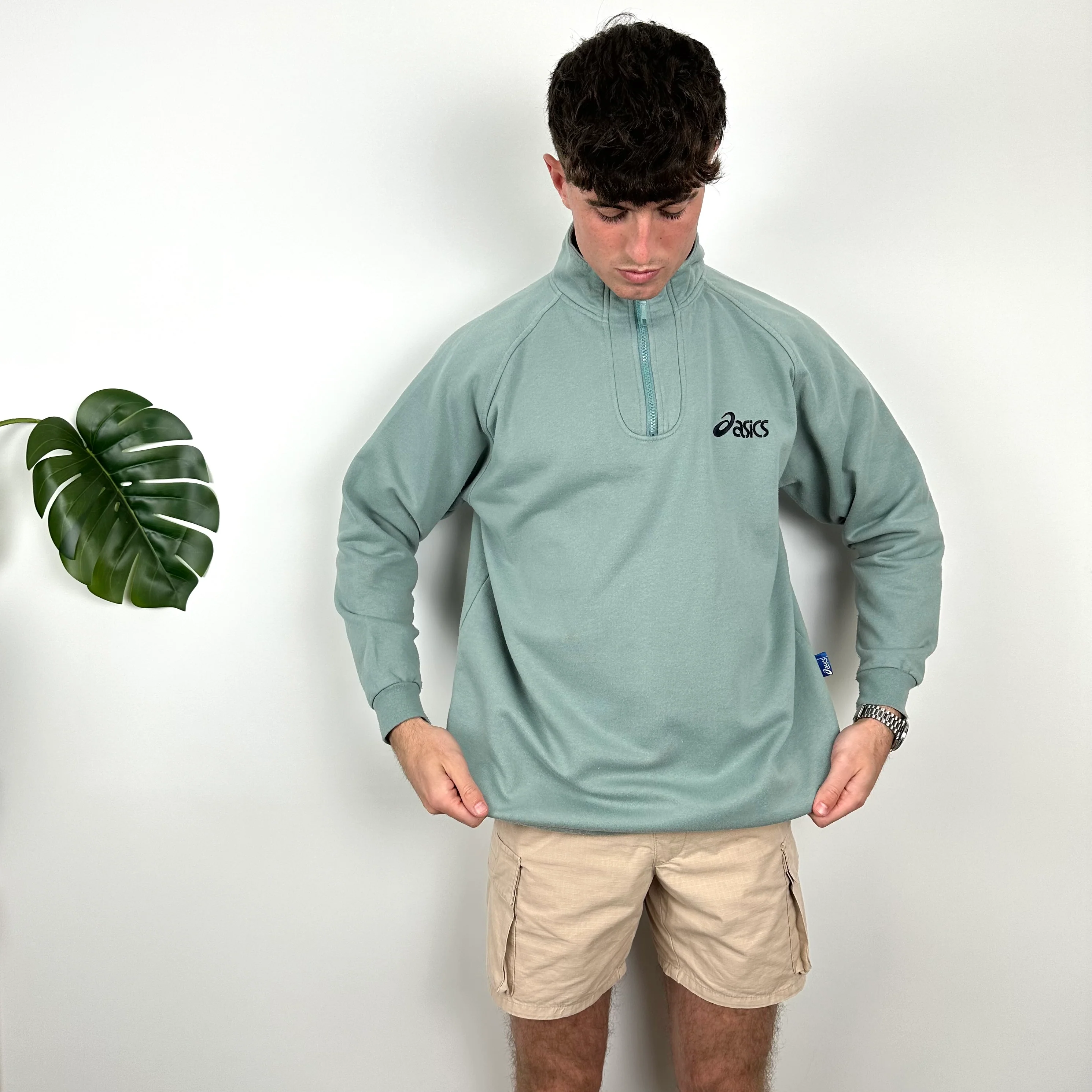 ASICS Green Embroidered Spell Out Quarter Zip Sweatshirt (M) - Image 3