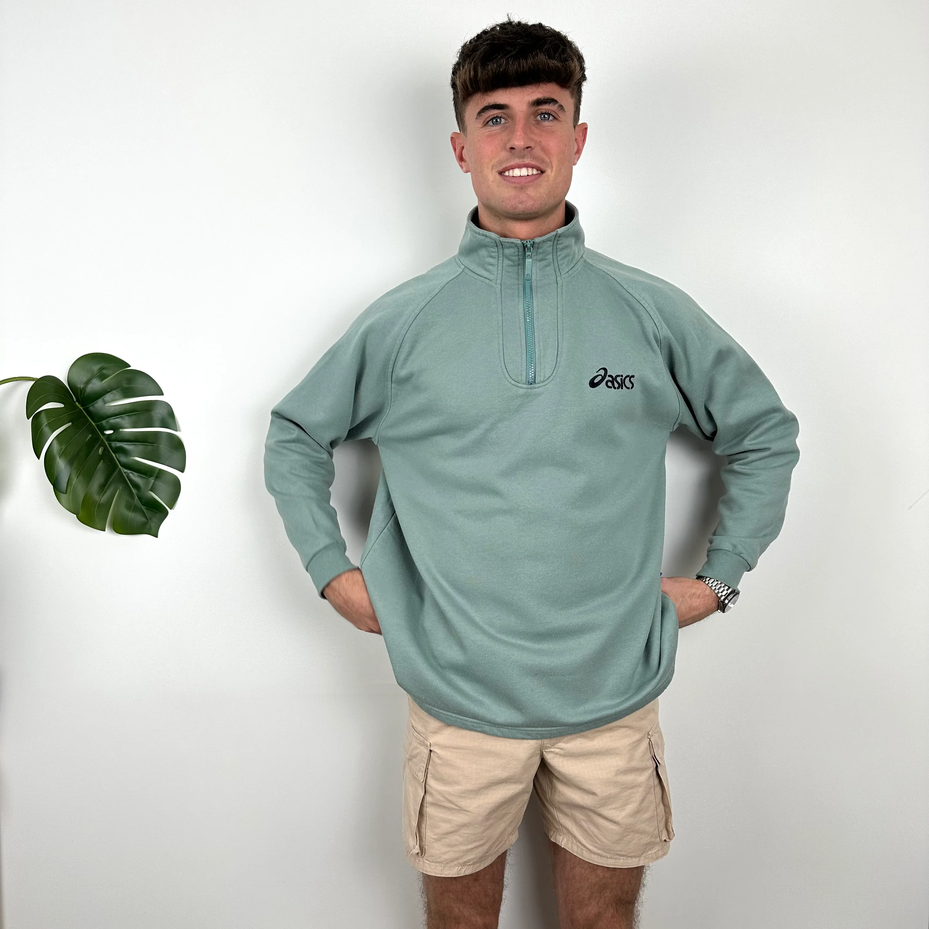 ASICS Green Embroidered Spell Out Quarter Zip Sweatshirt (M) - Image 4